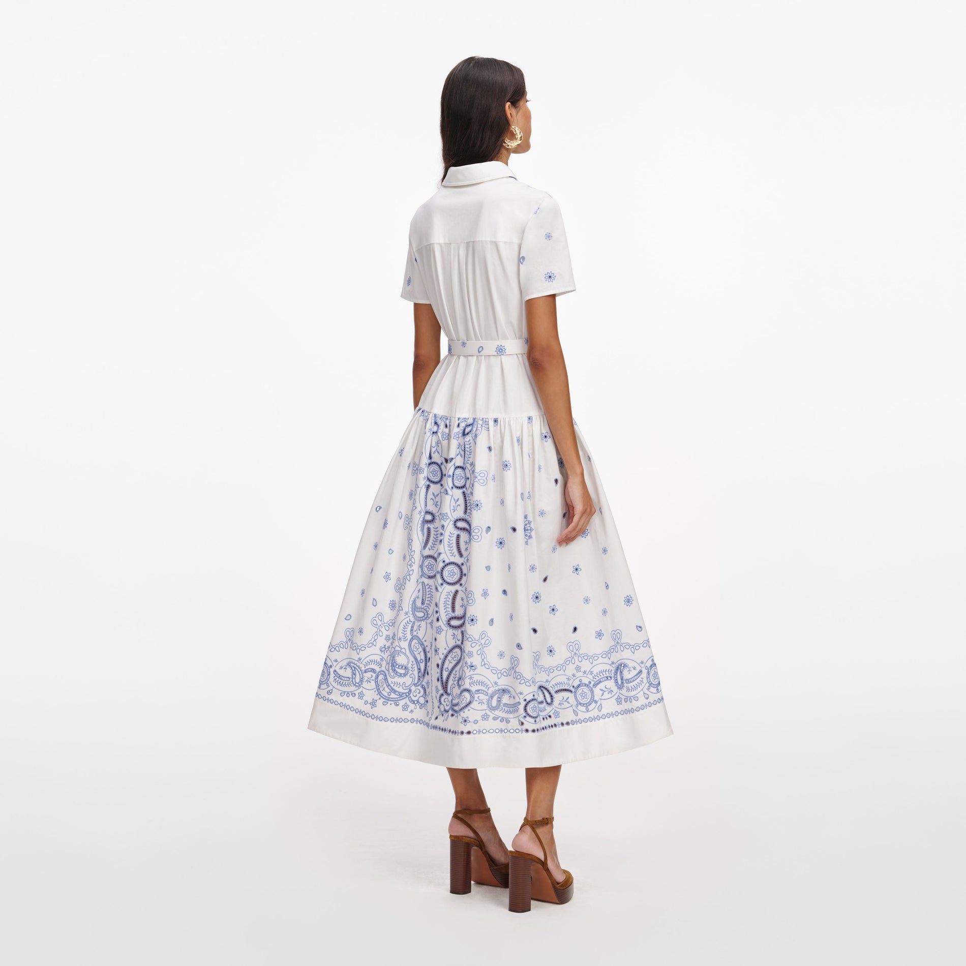 Back view of a woman wearing the White And Blue Embroidered Midi Dress