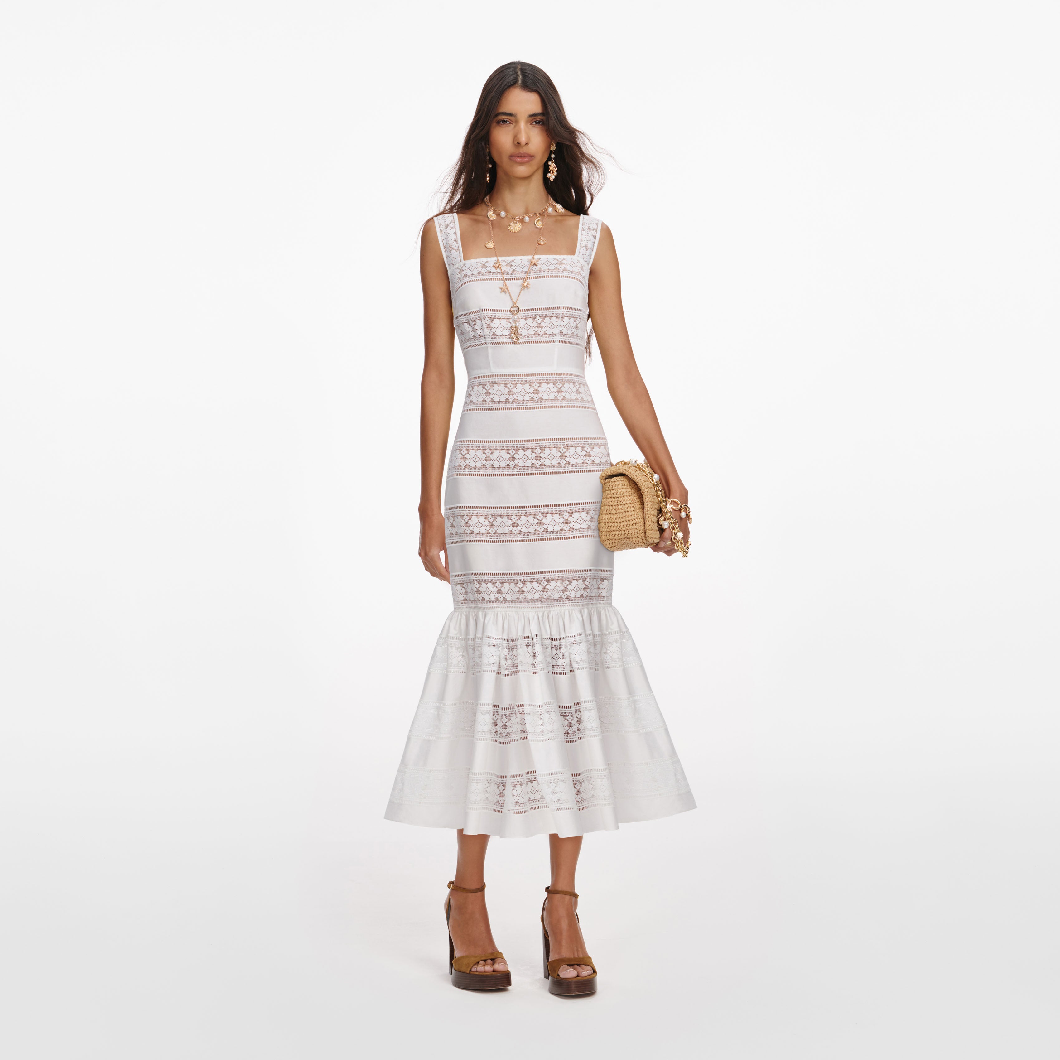 self-portrait Cotton Embroidered Midi Dress in White