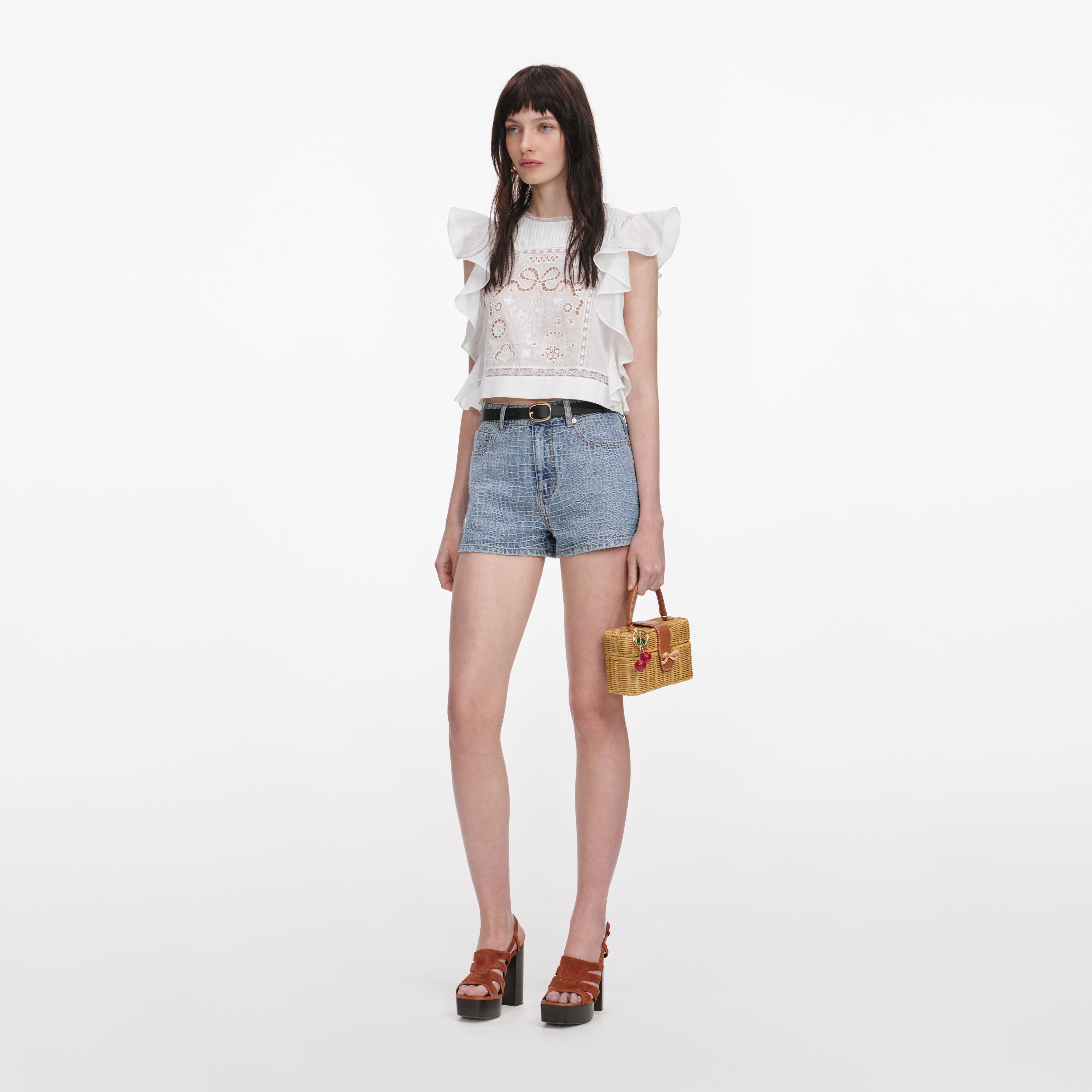 White Ramie Lace Frill Top