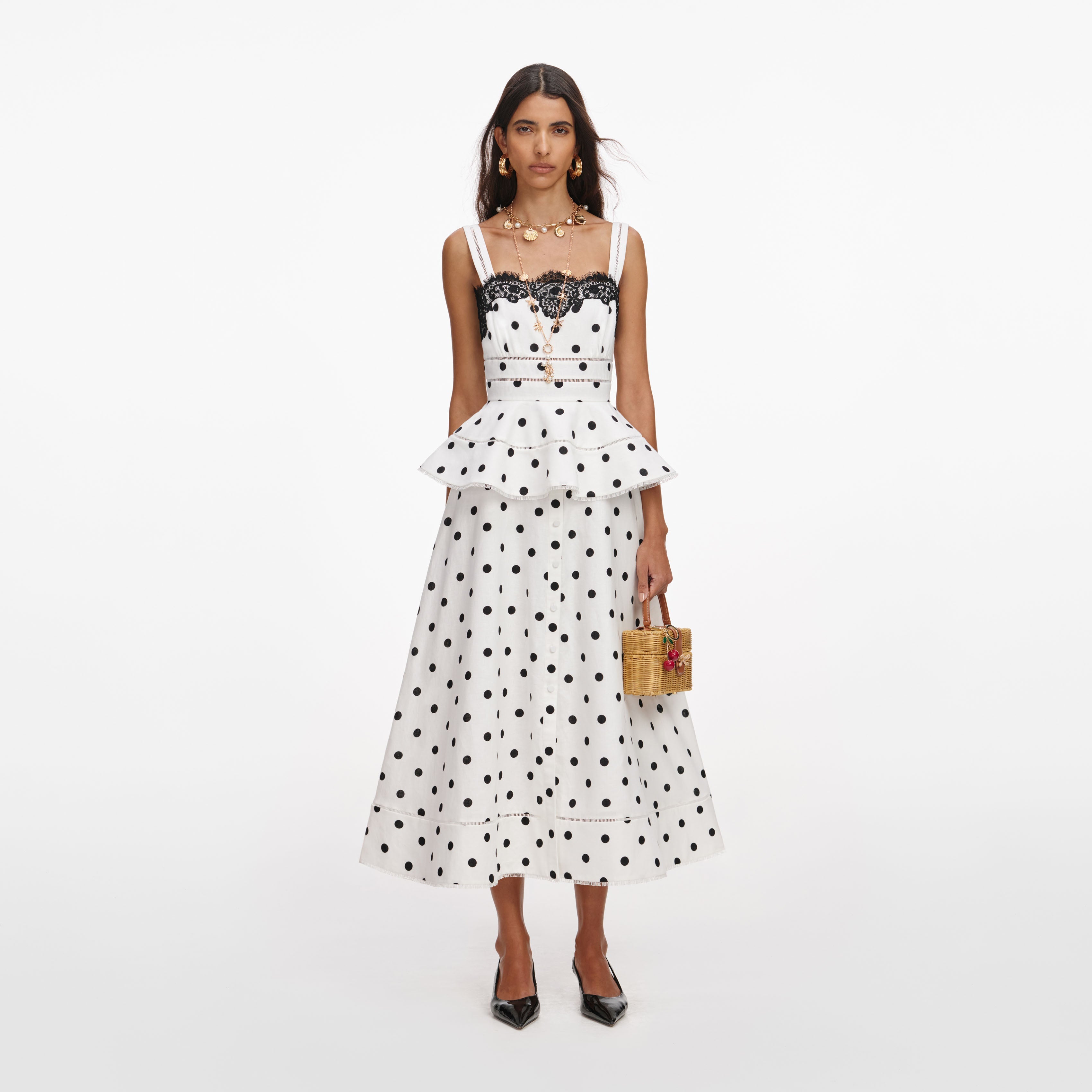 self-portrait - White Polka Dot Linen Midi Dress - US 4 self-portrait - White Polka Dot Linen Midi Dress - US 4