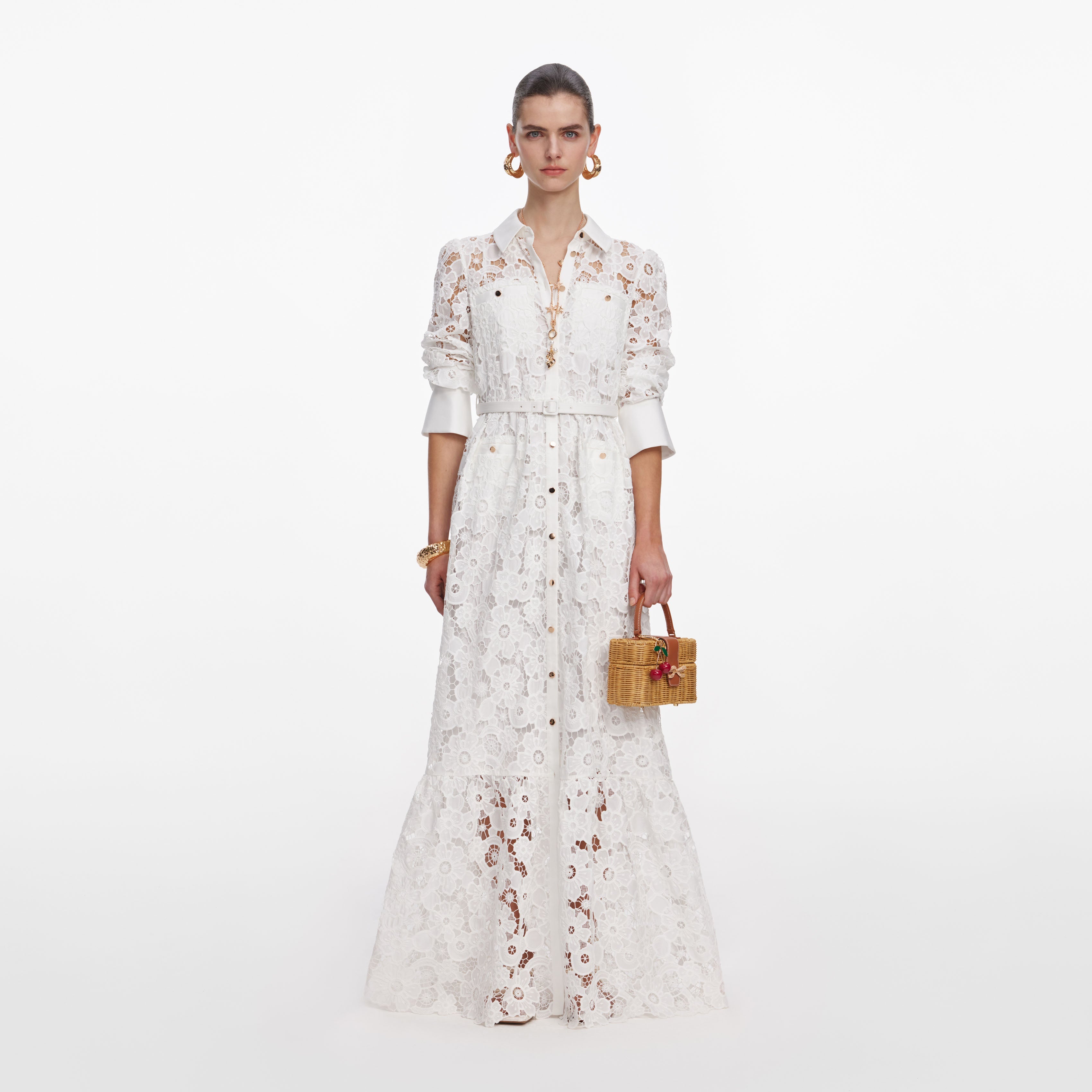 self-portrait - White Lace Collared Maxi Dress