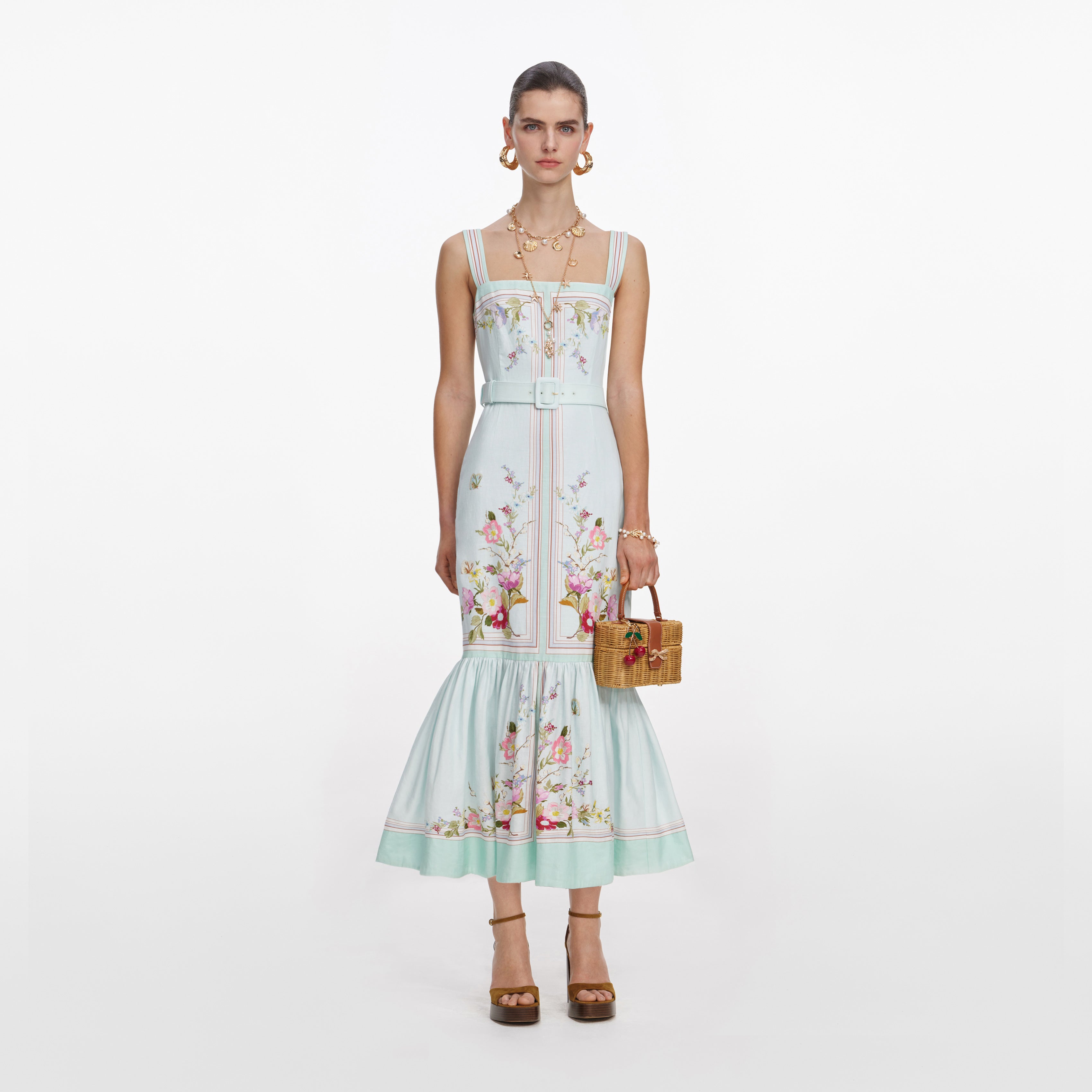 self-portrait - Mint Floral Linen Midi Dress - US 8 self-portrait - Mint Floral Linen Midi Dress - US 8