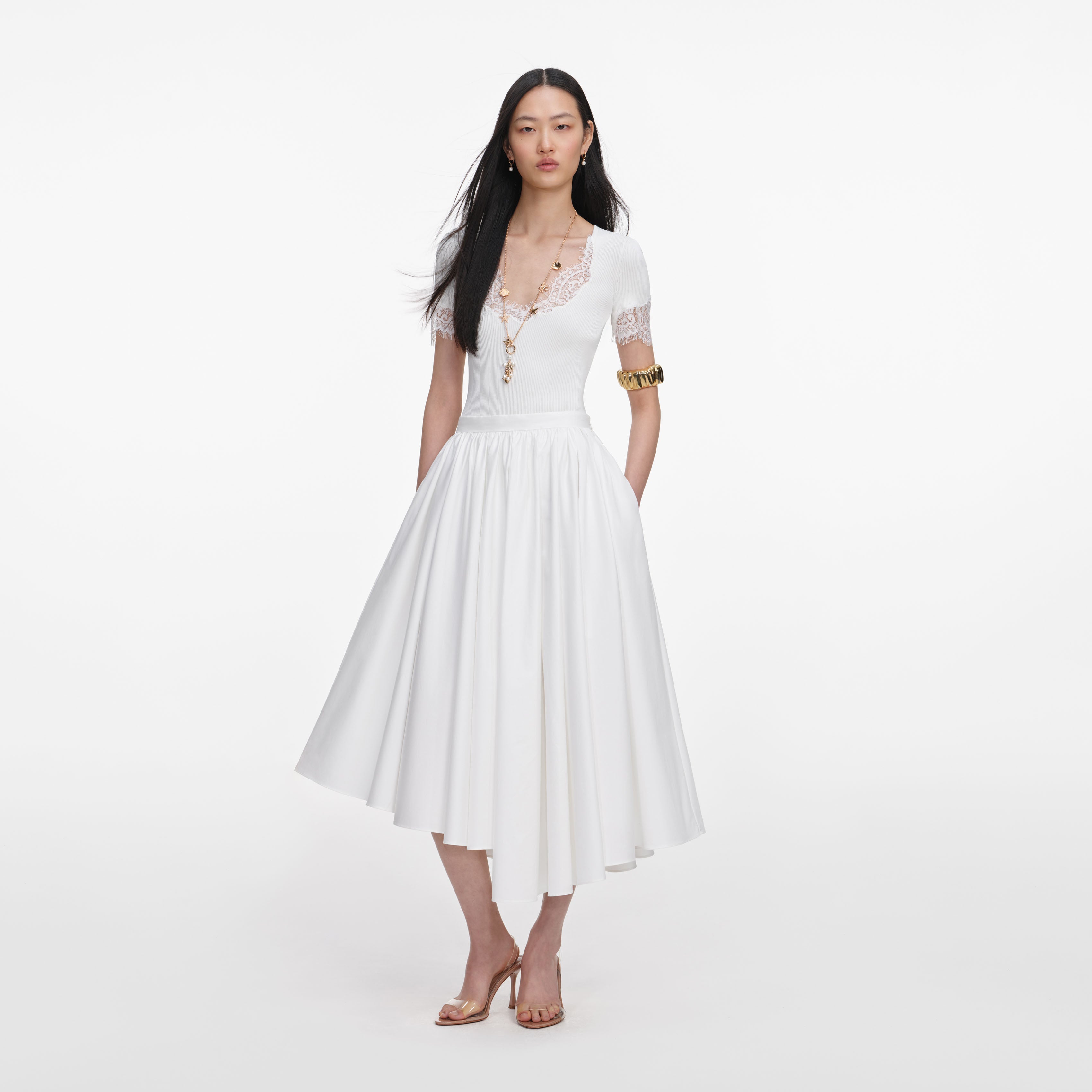 self-portrait - White Cotton Poplin Midi Skirt - US 0 self-portrait - White Cotton Poplin Midi Skirt - US 0