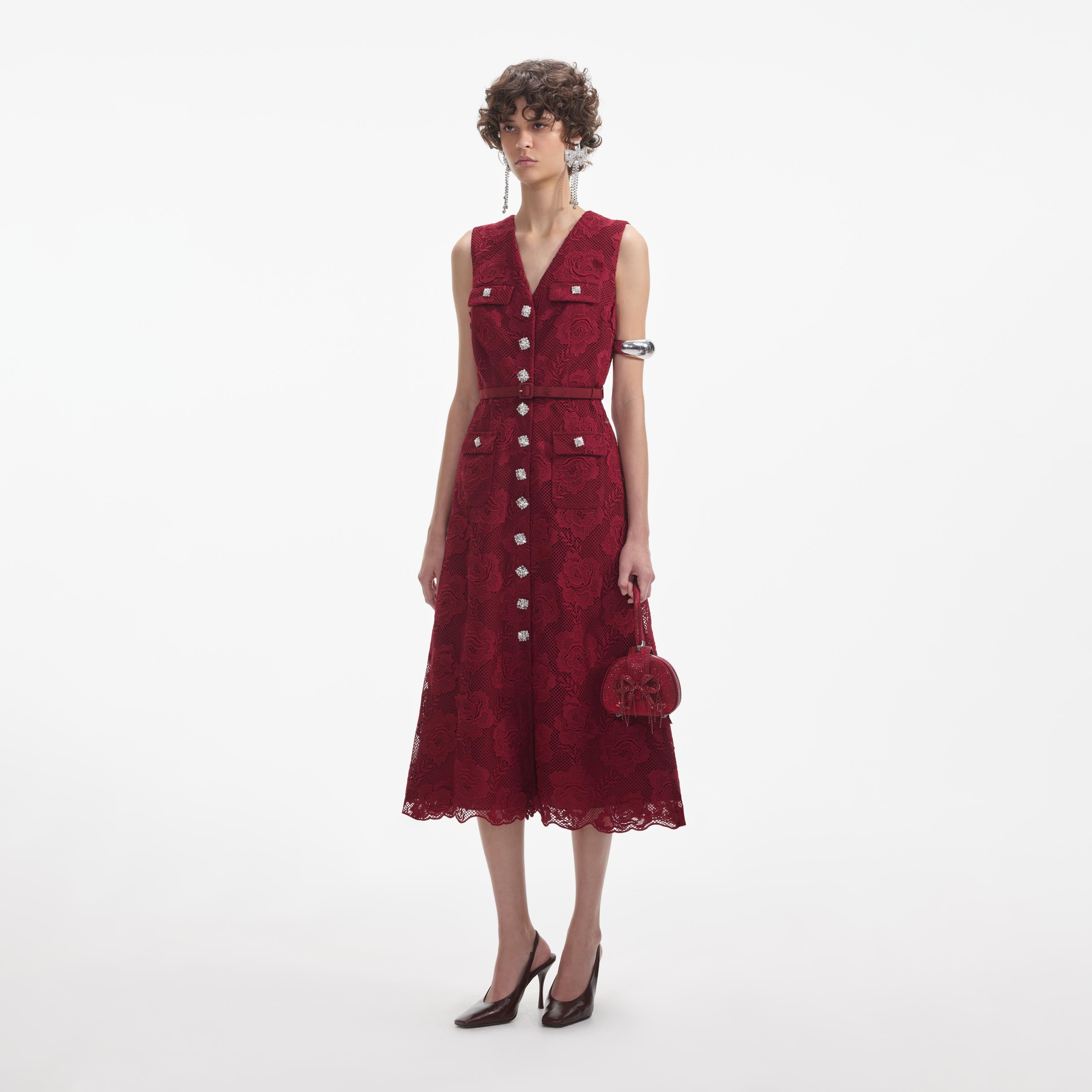 Burgundy Lace Buttoned Midi Dress
