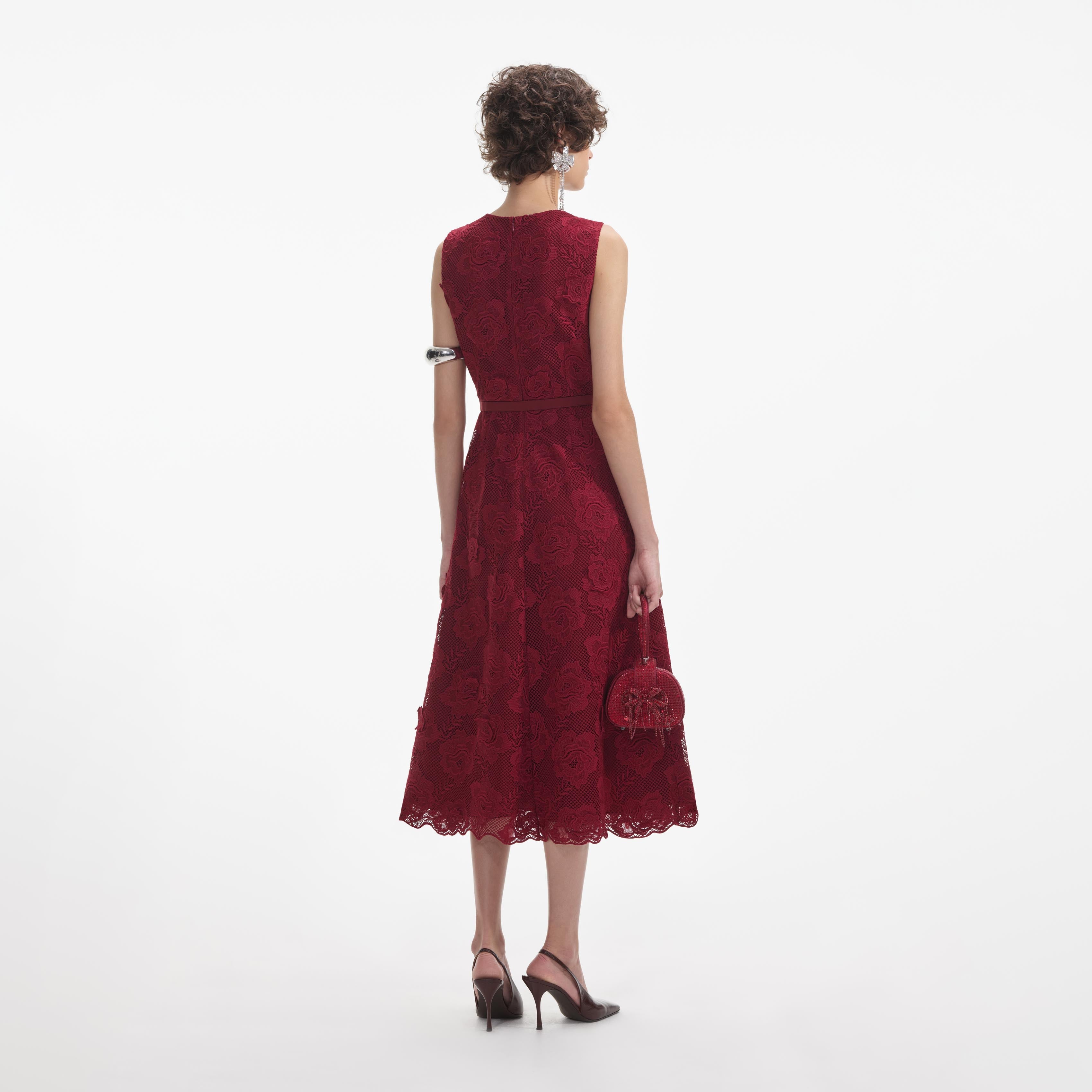 Burgundy Lace Buttoned Midi Dress