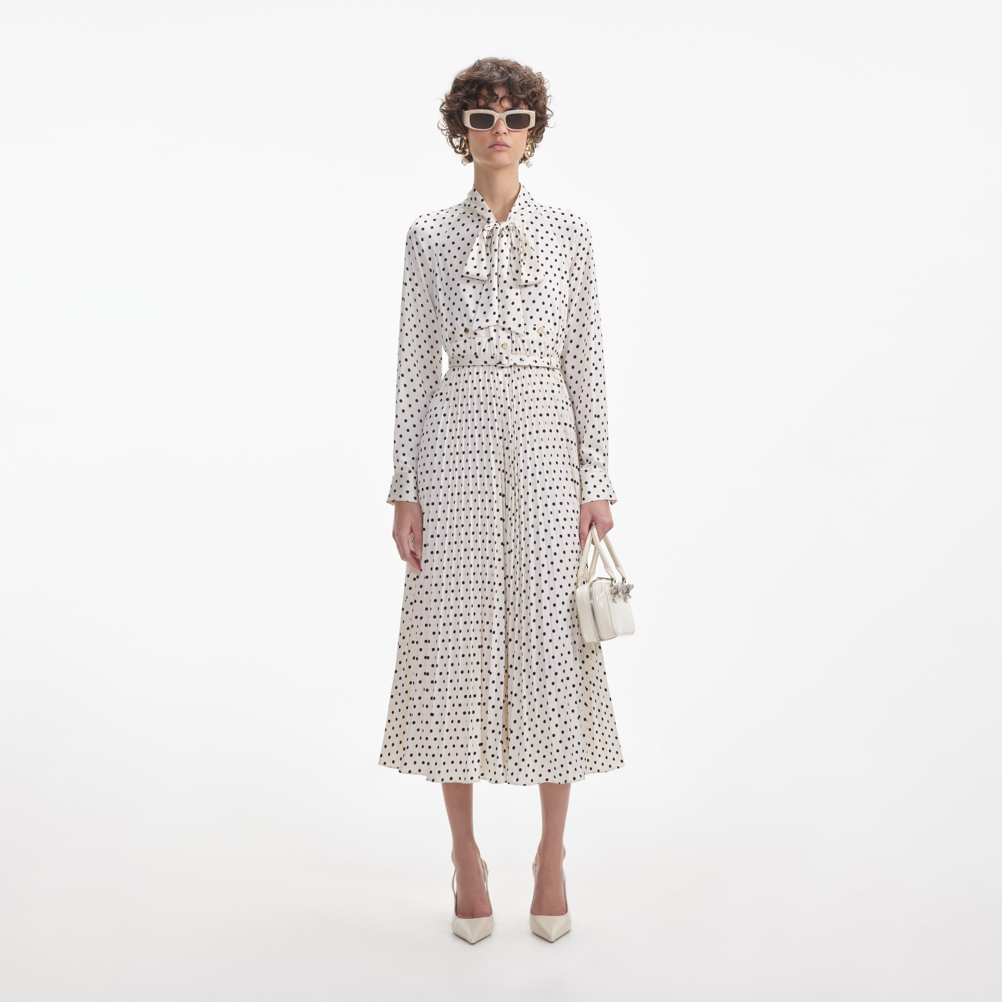 Cream Polka Dot Satin Midi Dress – self-portrait-US
