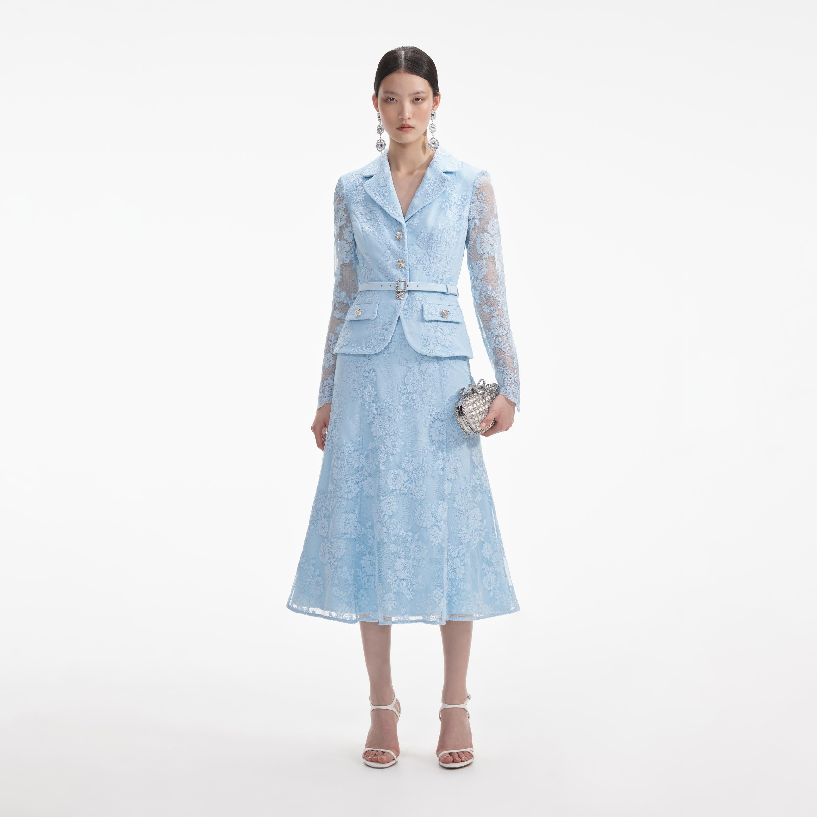 self-portrait - Blue Lace Tailored Midi Dress - US 0 self-portrait - Blue Lace Tailored Midi Dress - US 0