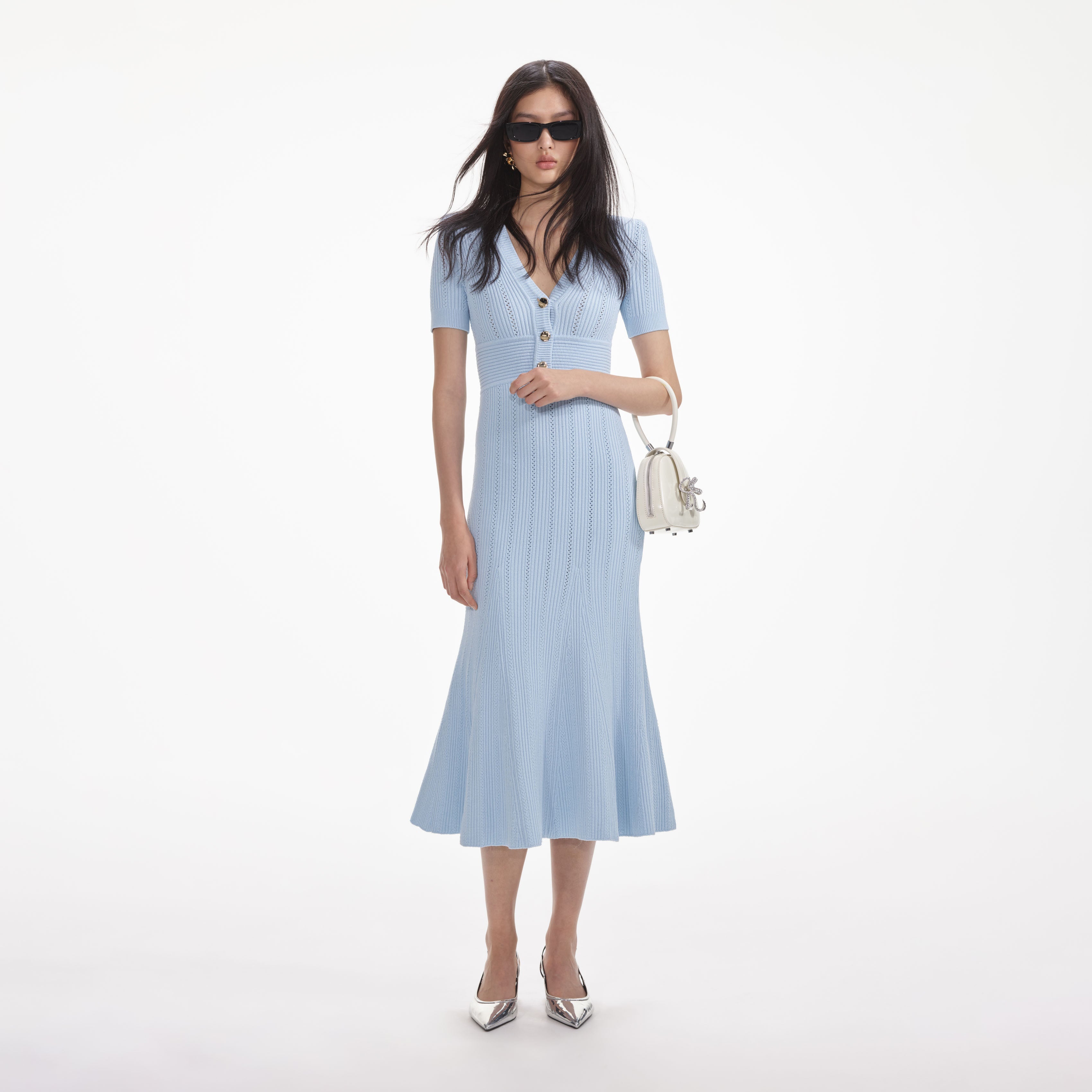 Blue Pointelle Knit Midi Dress – self-portrait-US