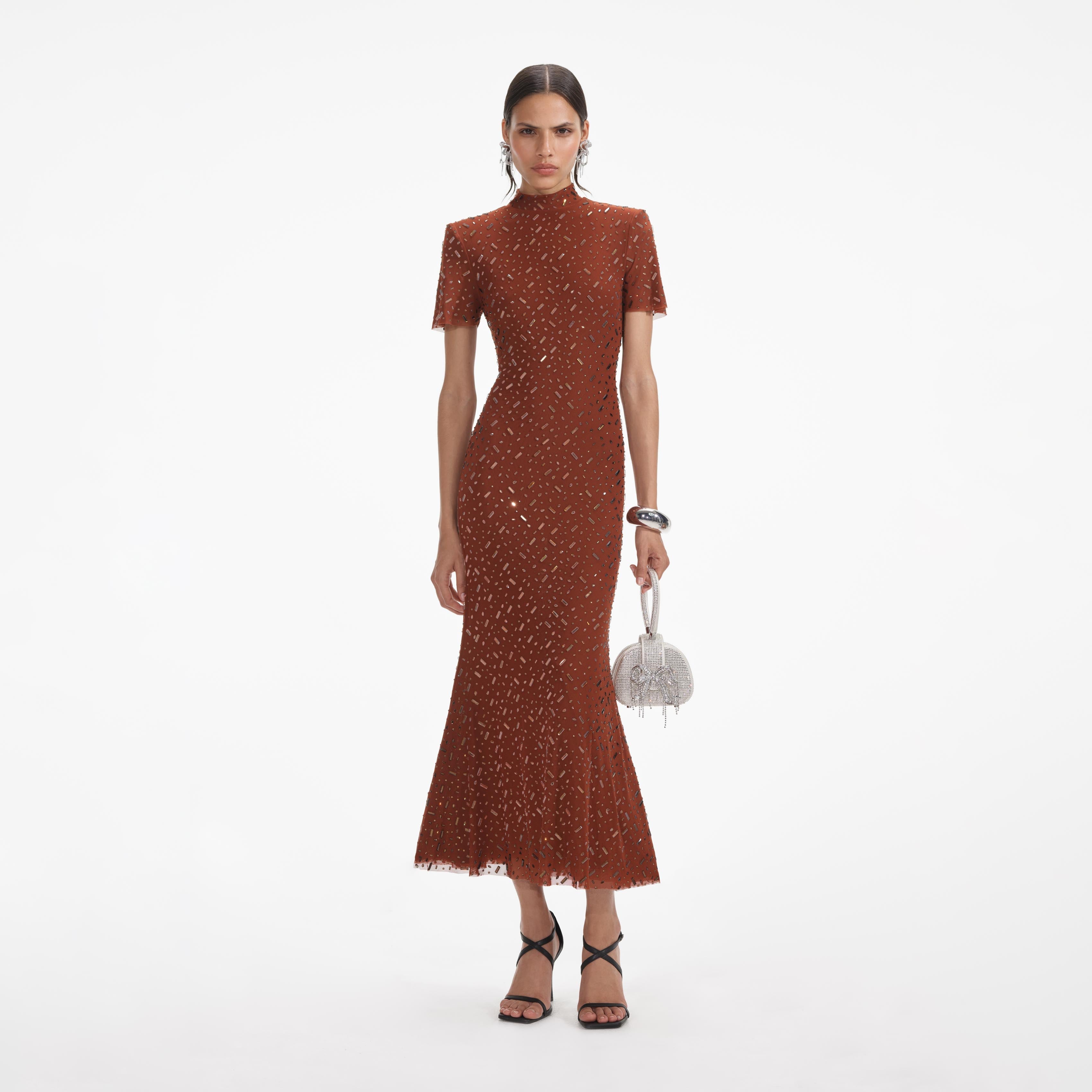 self-portrait - Brown Square Rhinestone Mesh Midi Dress self-portrait - Brown Square Rhinestone Mesh Midi Dress