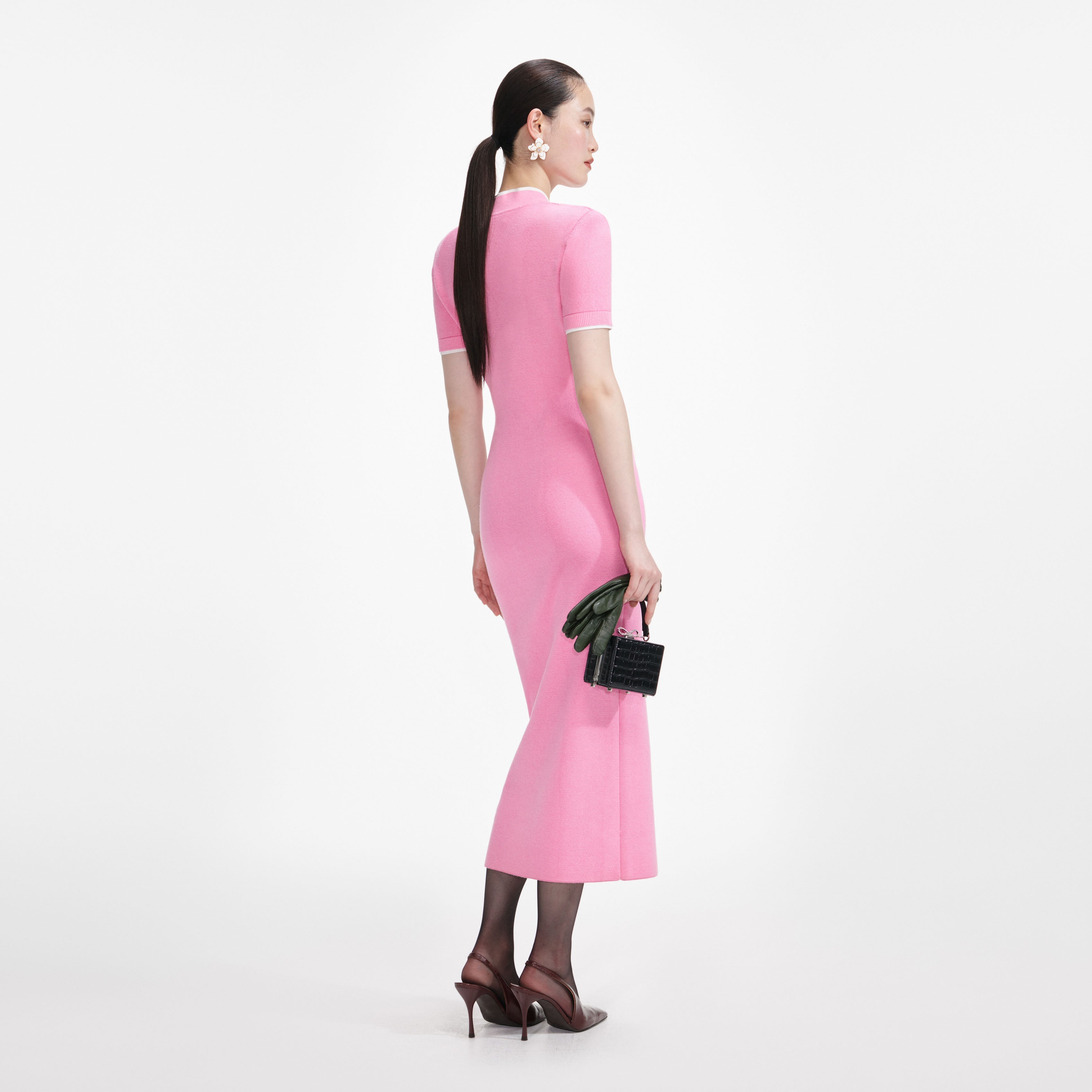 Pink Crochet Flower Knit Midi Dress