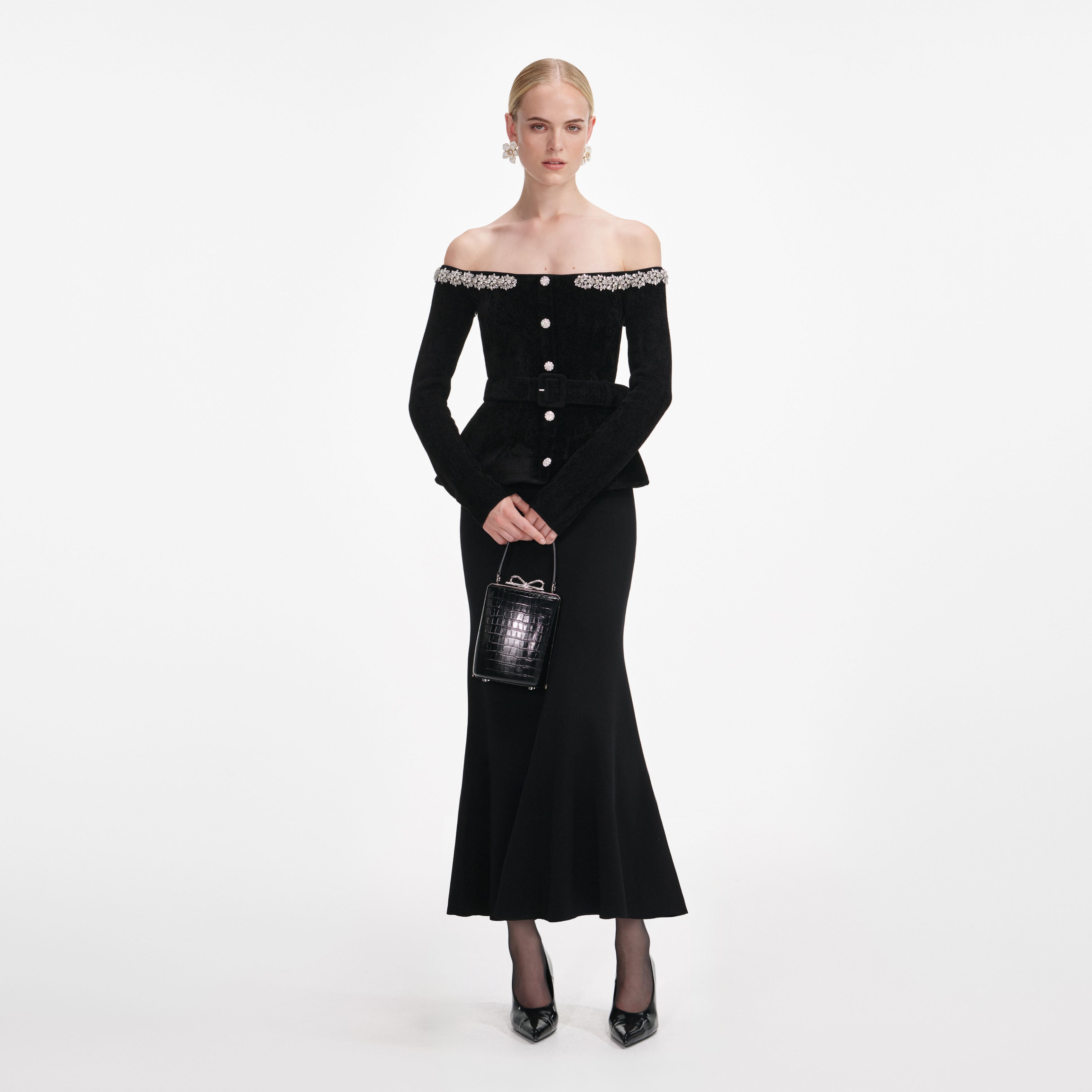 self portrait black chenille knit midi dress Self-Portrait Buttoned Chenille Knit & Lace Midi-Dress