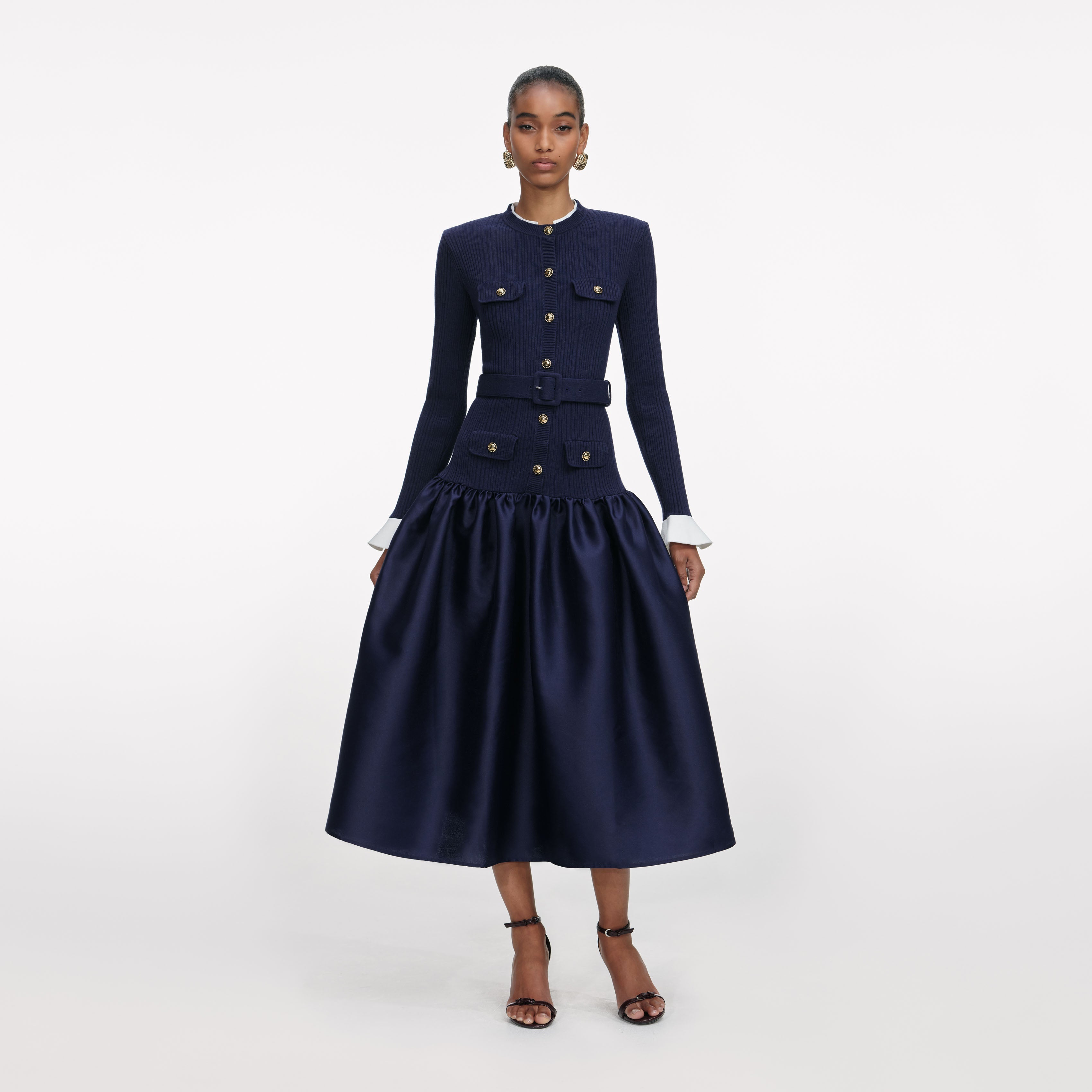 Self-Portrait - Navy Knit Taffeta Midi Dress - S Self-Portrait - Navy Knit Taffeta Midi Dress - S