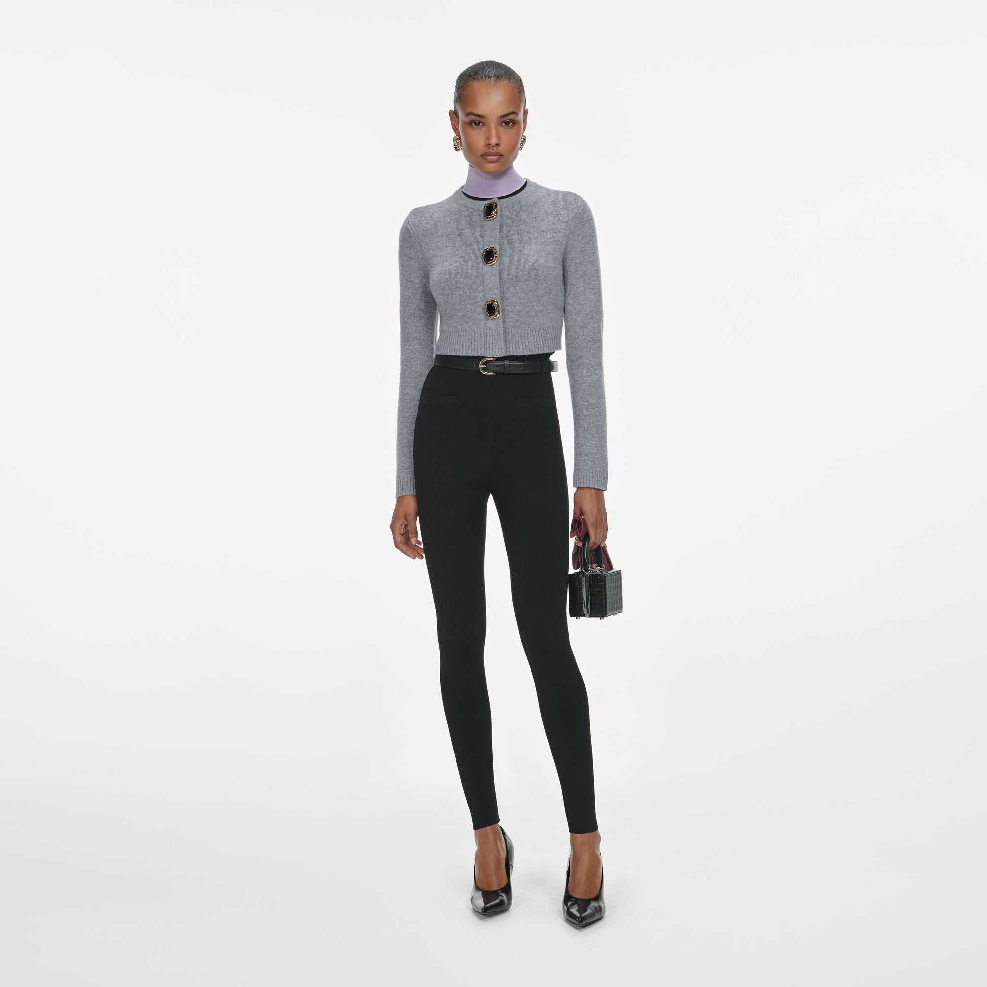 Front view of a woman wearing the Grey Wool Cardigan