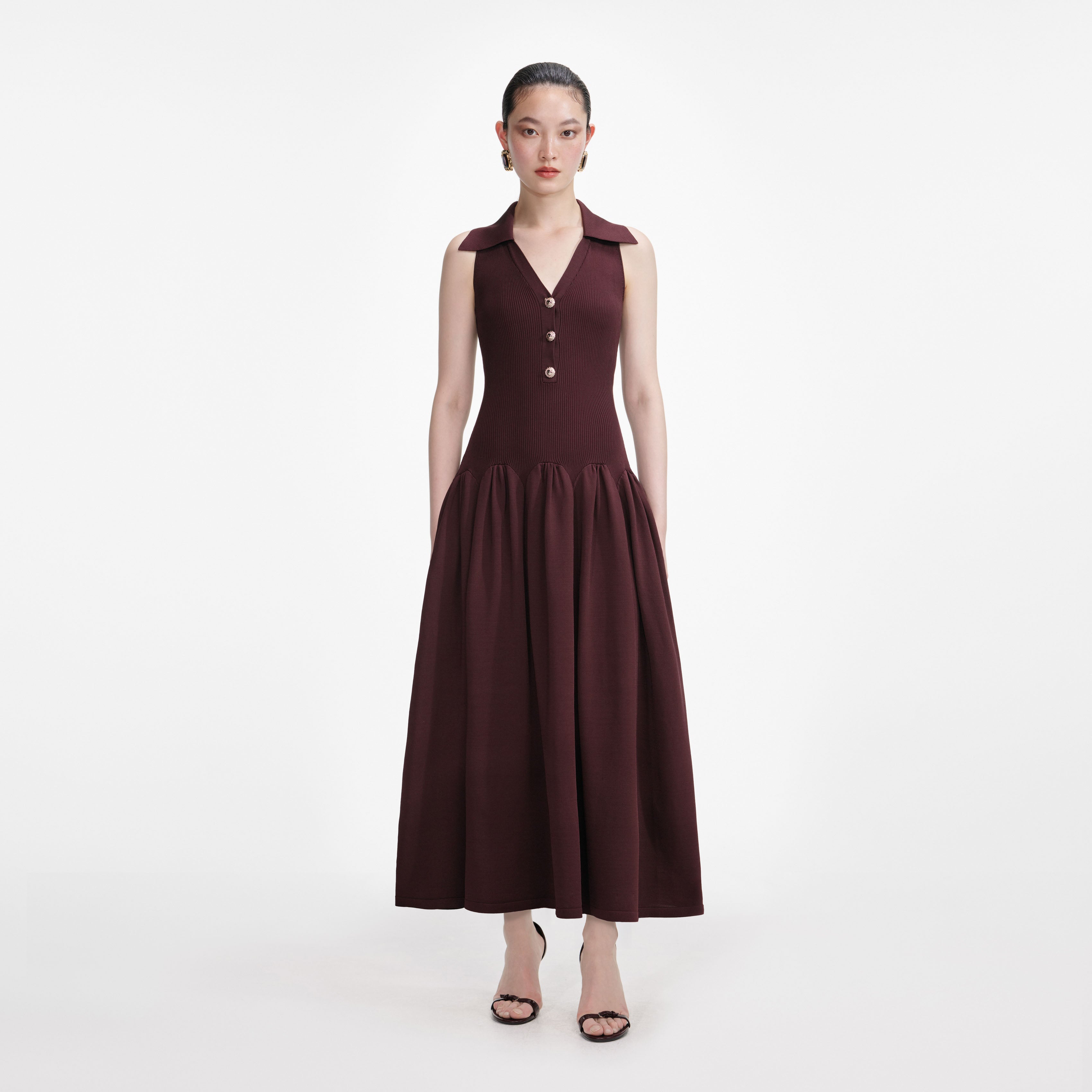 Self-Portrait Women's Ribbed Midi Dress - Brown - Size XS Self-Portrait Women's Ribbed Midi Dress - Brown - Size XS