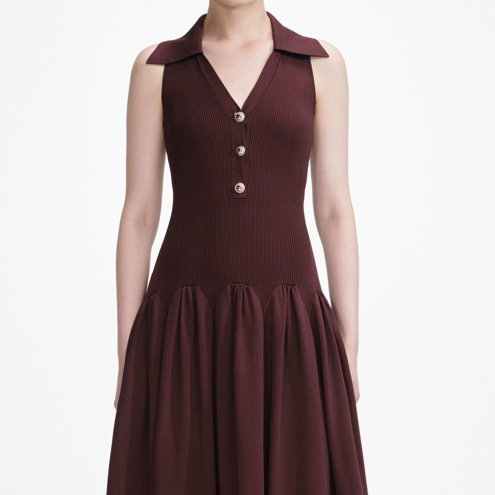 Brown Ribbed Knit Midi Dress