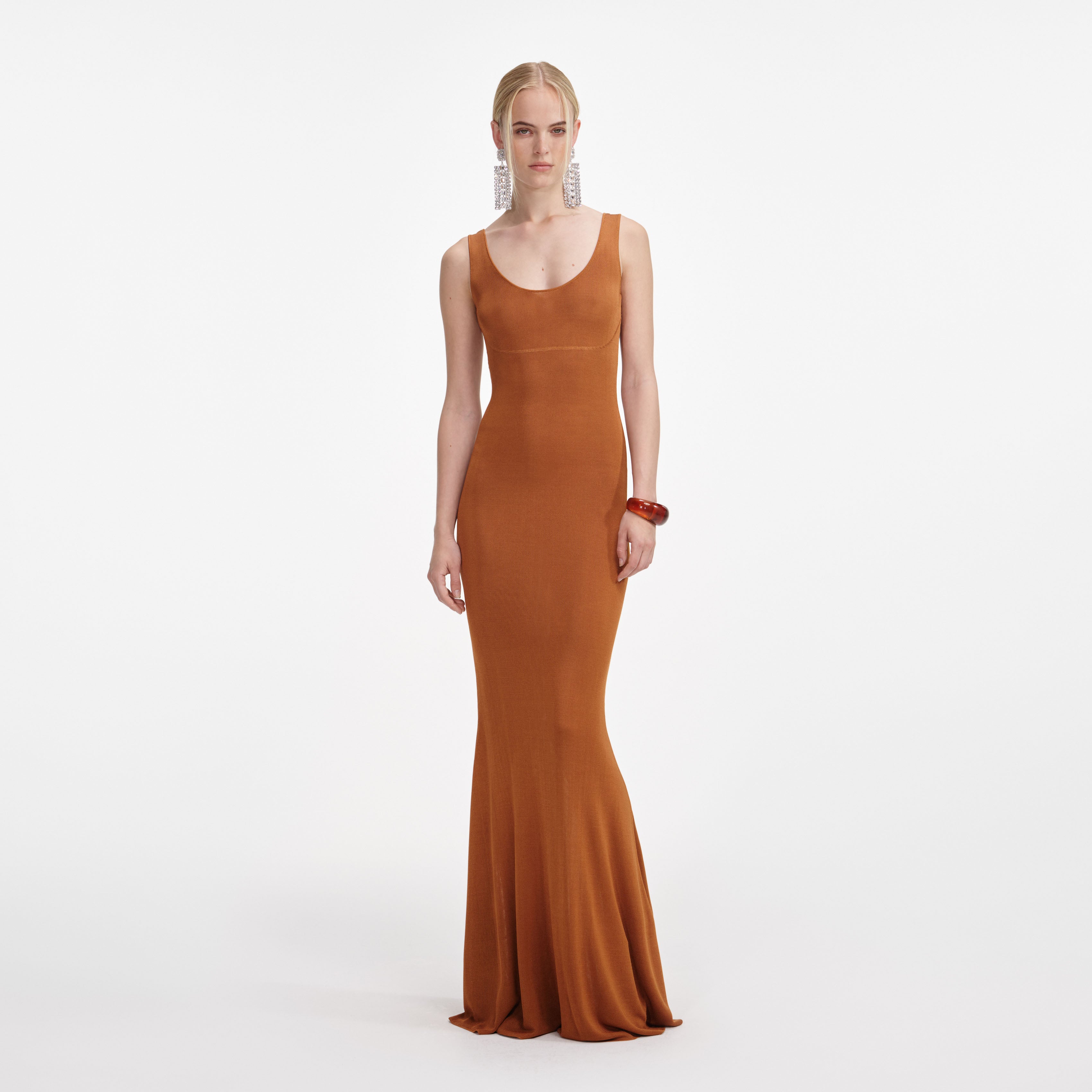 brown knitted maxi dress Paloma Brown Asymmetrical Ruched Knit Maxi Dress, L / Brown