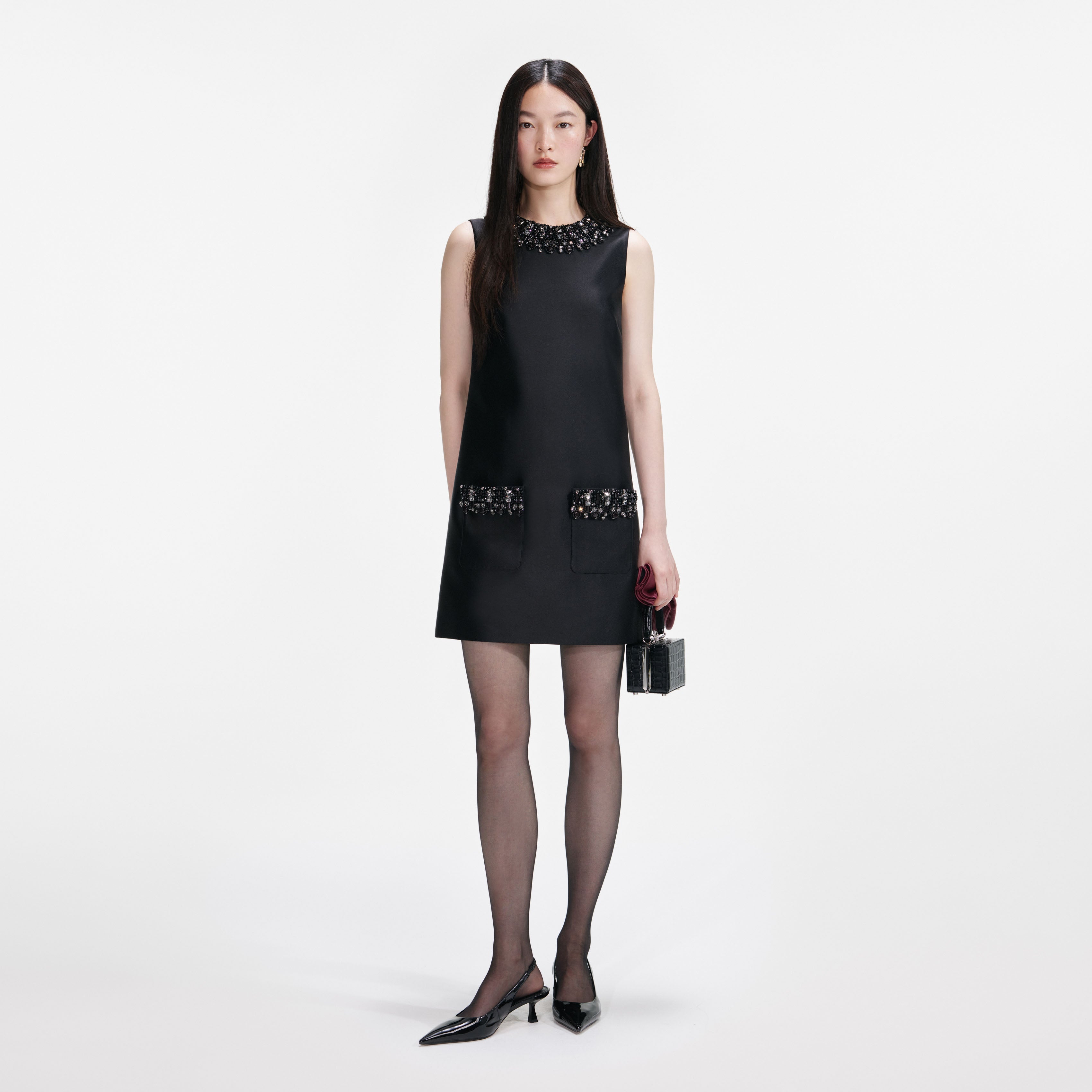 Black Taffeta Embellished Trim Mini Dress self-portrait-US Black Taffeta Embellished Trim Mini Dress self-portrait-US