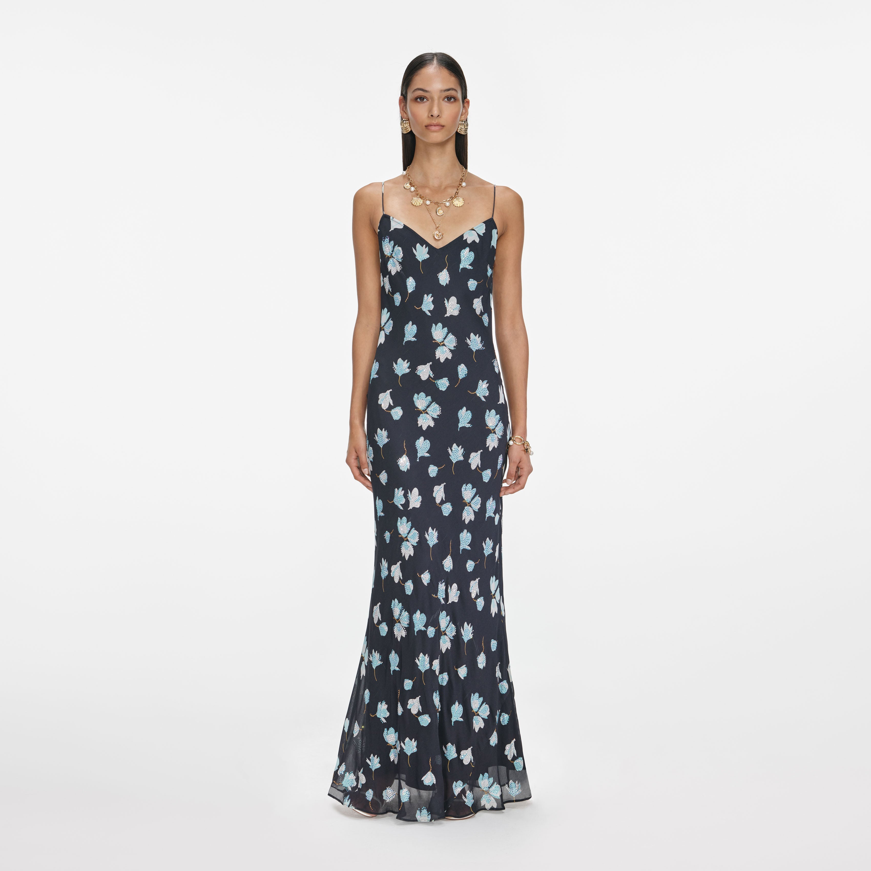 self-portrait - Navy Floral Rhinestone Maxi Dress - US 10 self-portrait - Navy Floral Rhinestone Maxi Dress - US 10