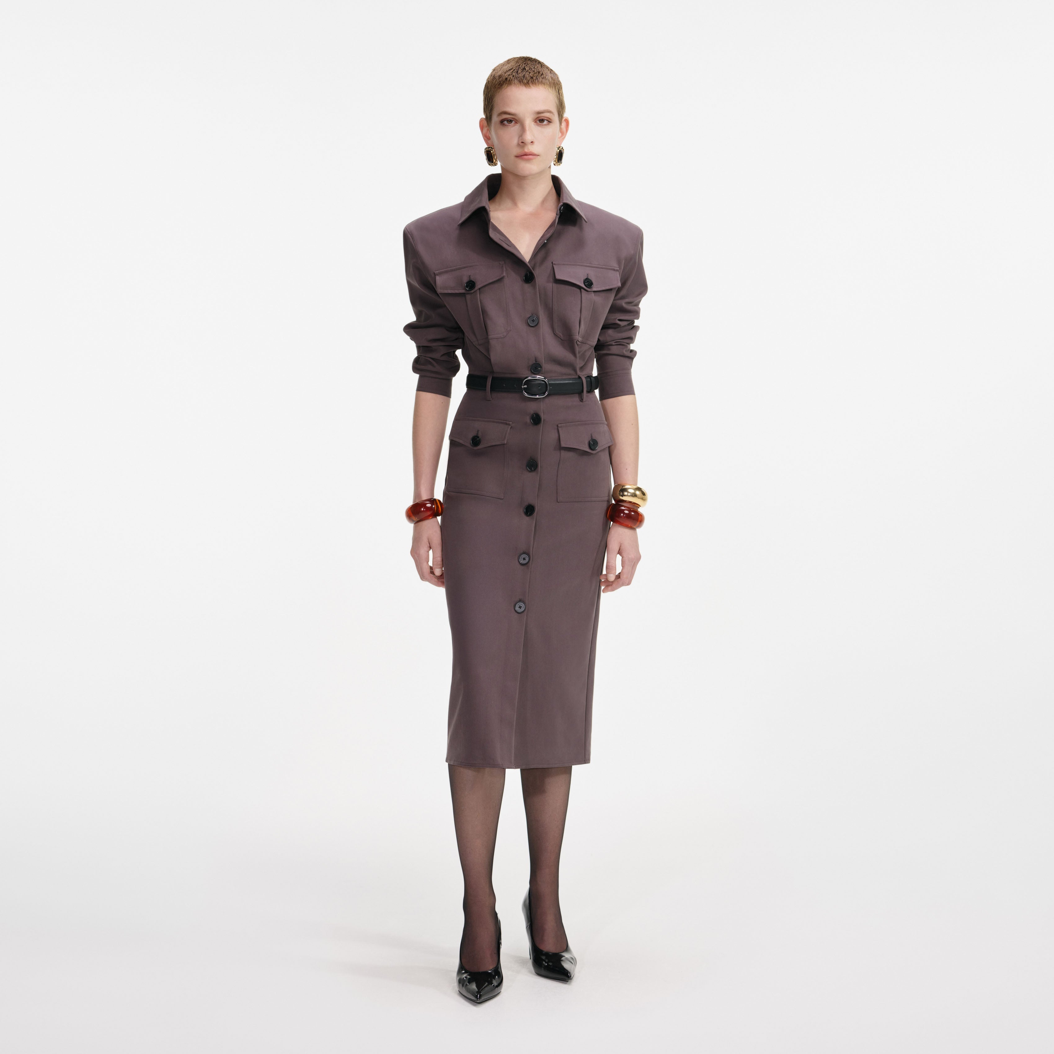 self-portrait - Brown Cotton Belted Midi Dress - US 0 self-portrait - Brown Cotton Belted Midi Dress - US 0