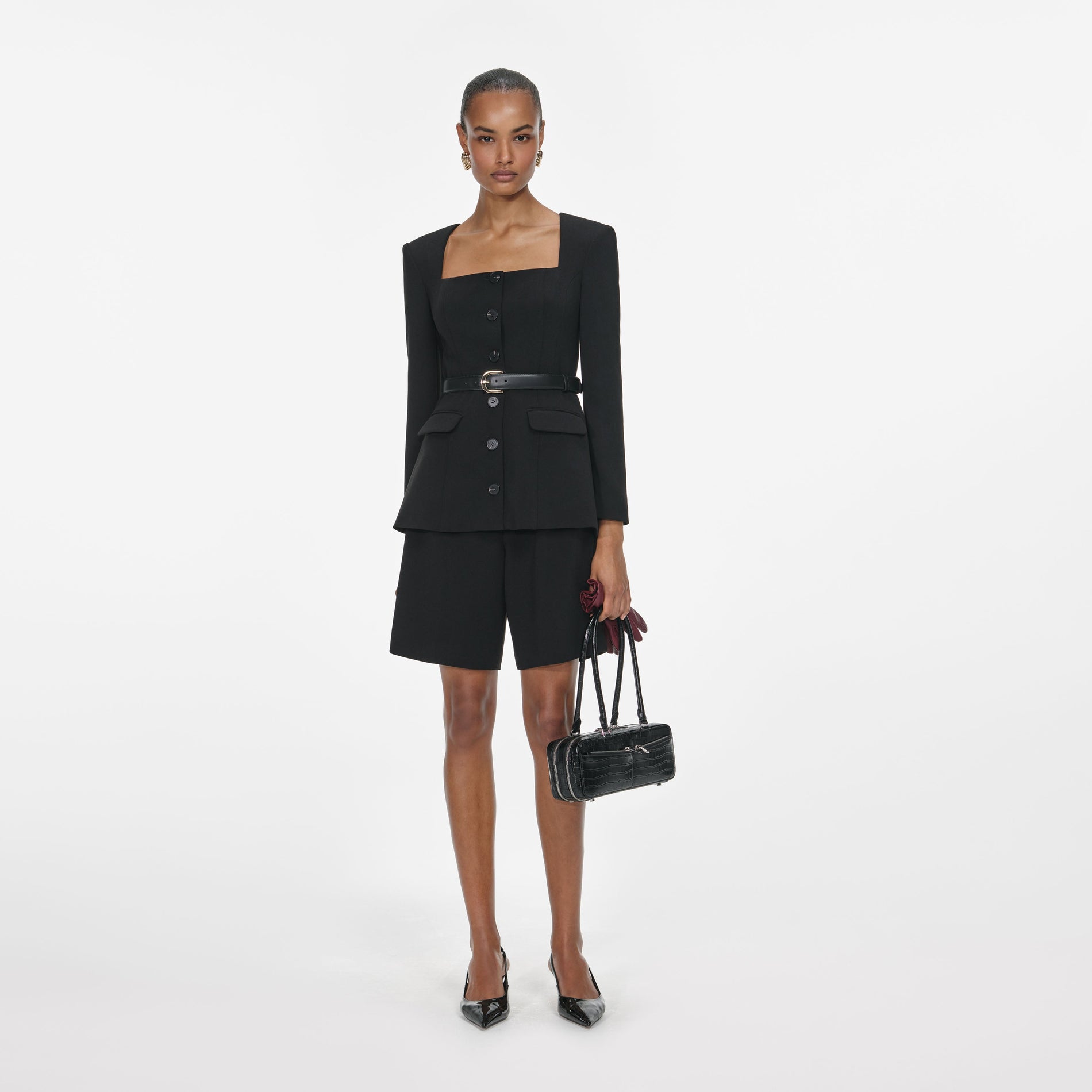 Front view of a woman wearing the Black Tailored Crepe Playsuit