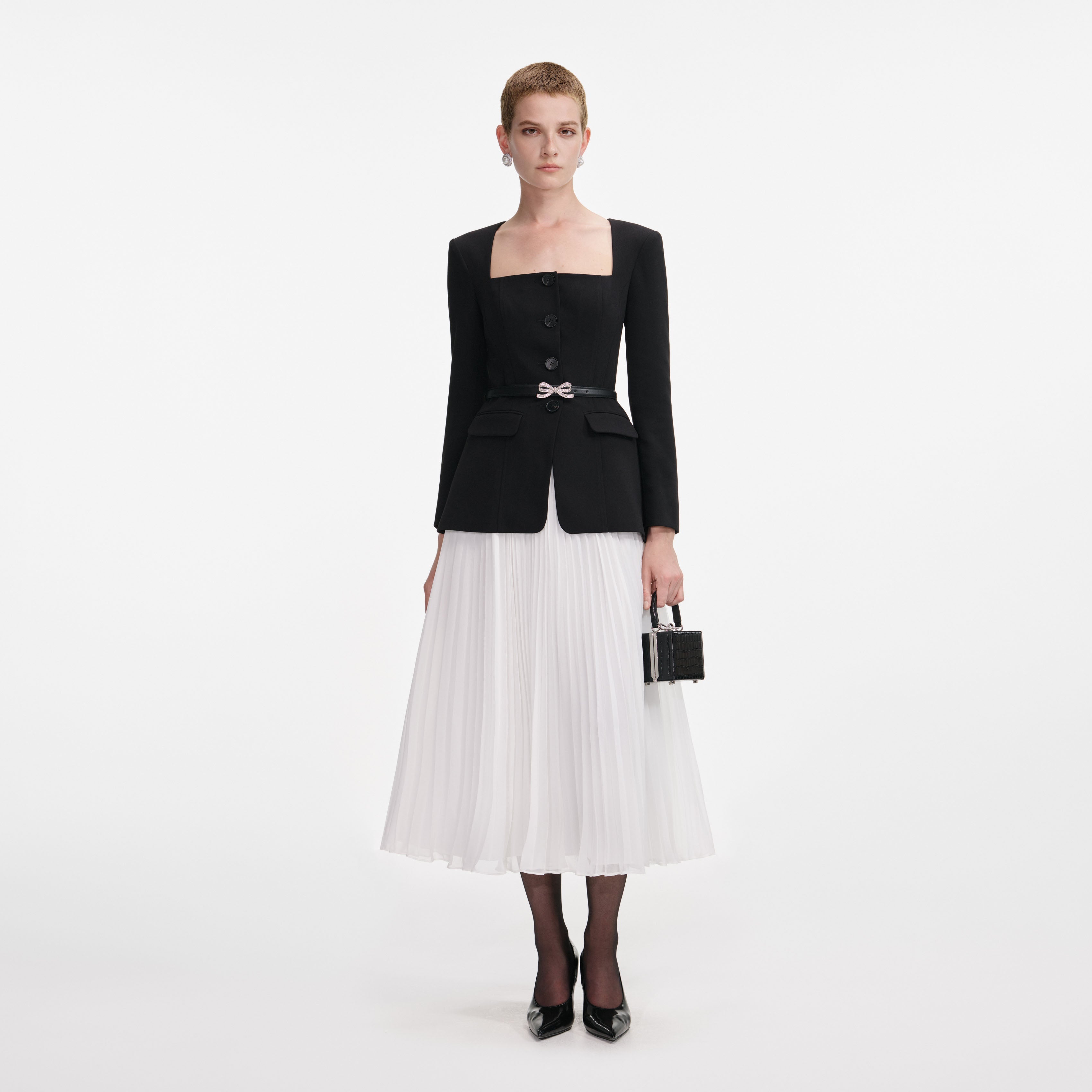 Black Long Sleeve Contrast Chiffon Midi Dress self-portrait-US Black Long Sleeve Contrast Chiffon Midi Dress self-portrait-US