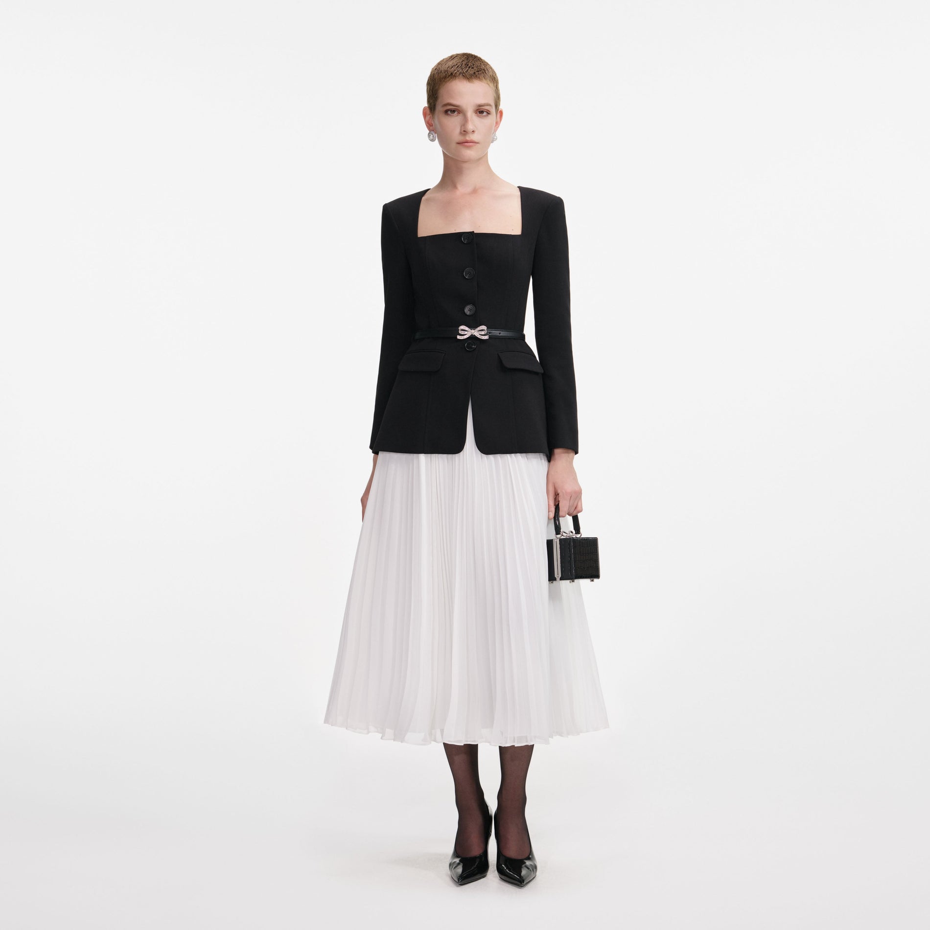 Front view of a woman wearing the Black Long Sleeve Contrast Chiffon Midi Dress