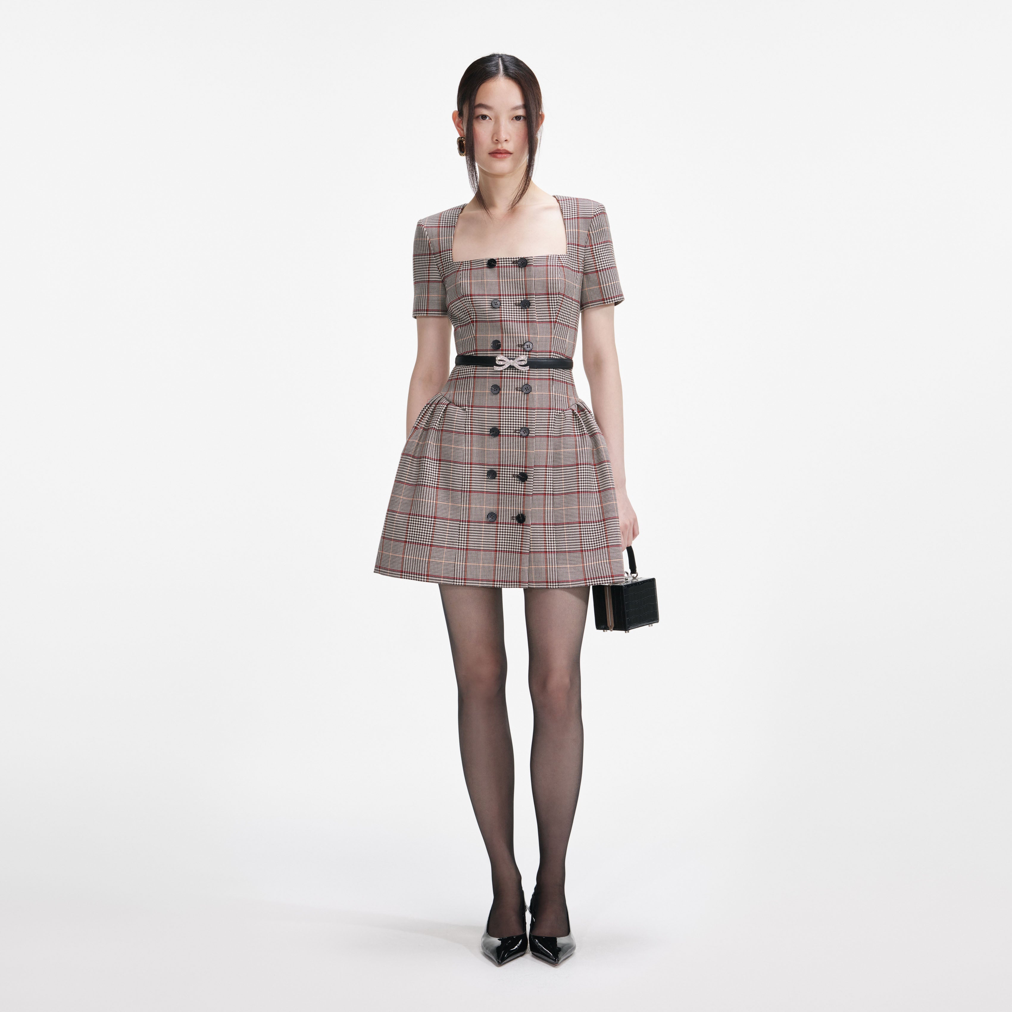 Self-Portrait - Brown Check Short Sleeve Mini Dress - US 12 Self-Portrait - Brown Check Short Sleeve Mini Dress - US 12