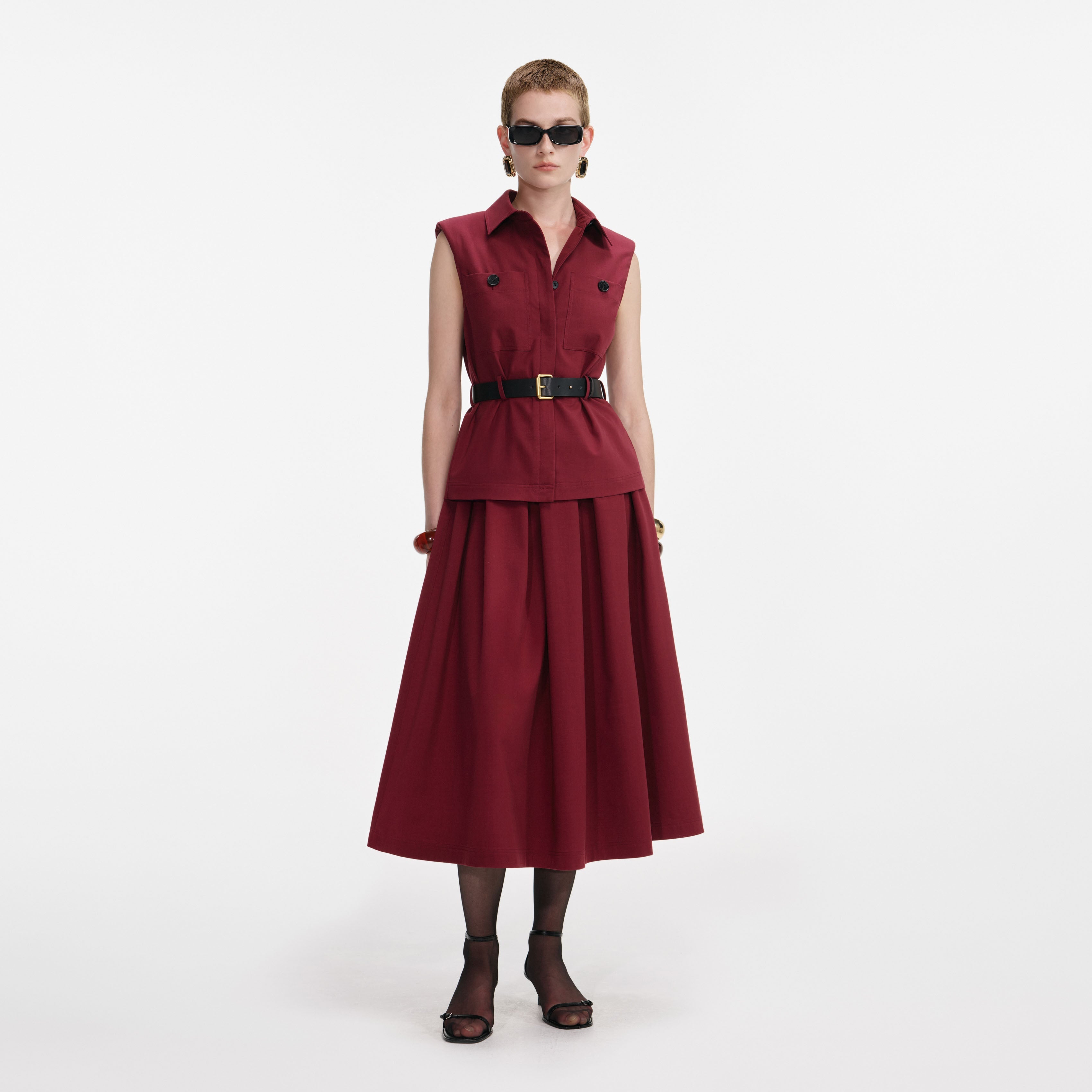 self-portrait - Burgundy Twill Belted Midi Dress - US 2 self-portrait - Burgundy Twill Belted Midi Dress - US 2