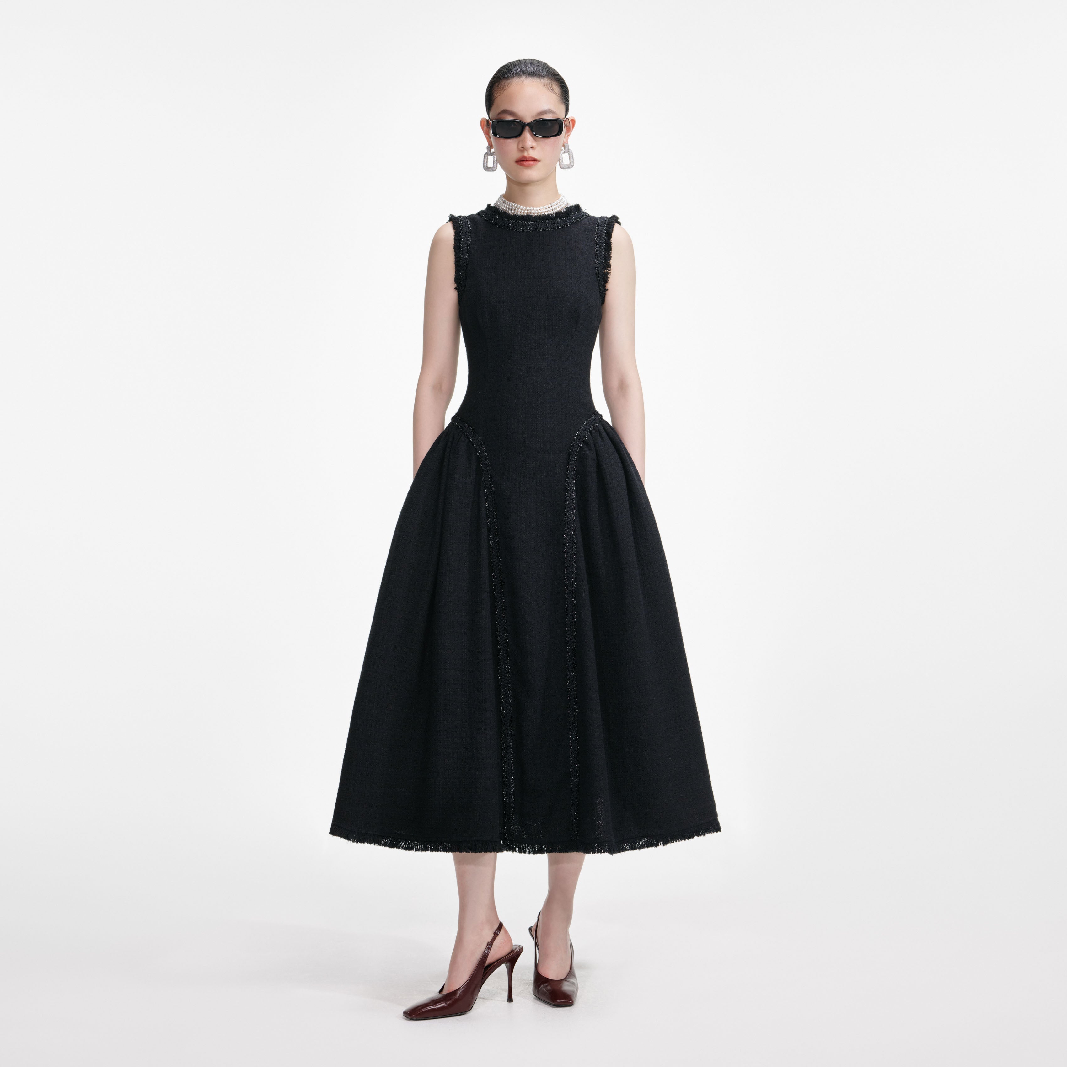self-portrait - Black Boucle Sleeveless Midi Dress - US 12 self-portrait - Black Boucle Sleeveless Midi Dress - US 12