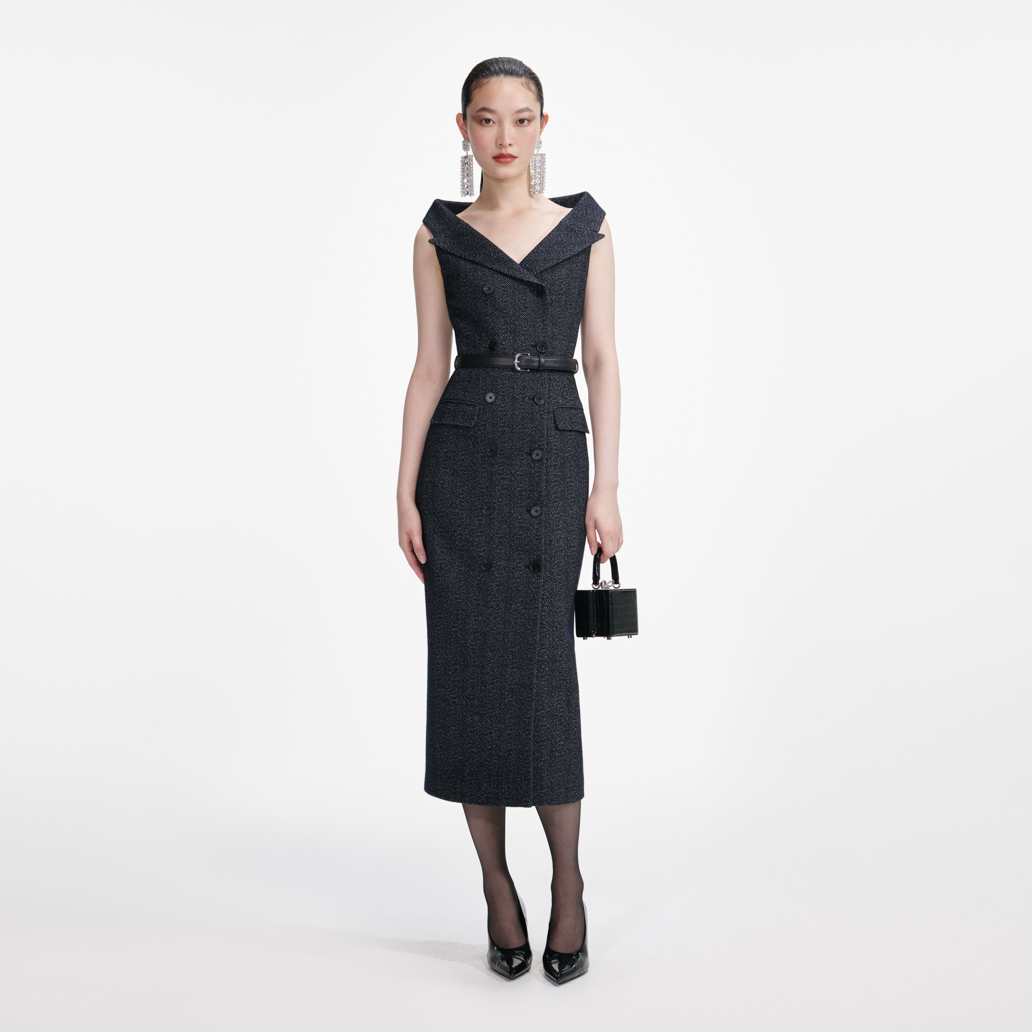 self-portrait - Navy Herringbone Wool Midi Dress - US 4 self-portrait - Navy Herringbone Wool Midi Dress - US 4
