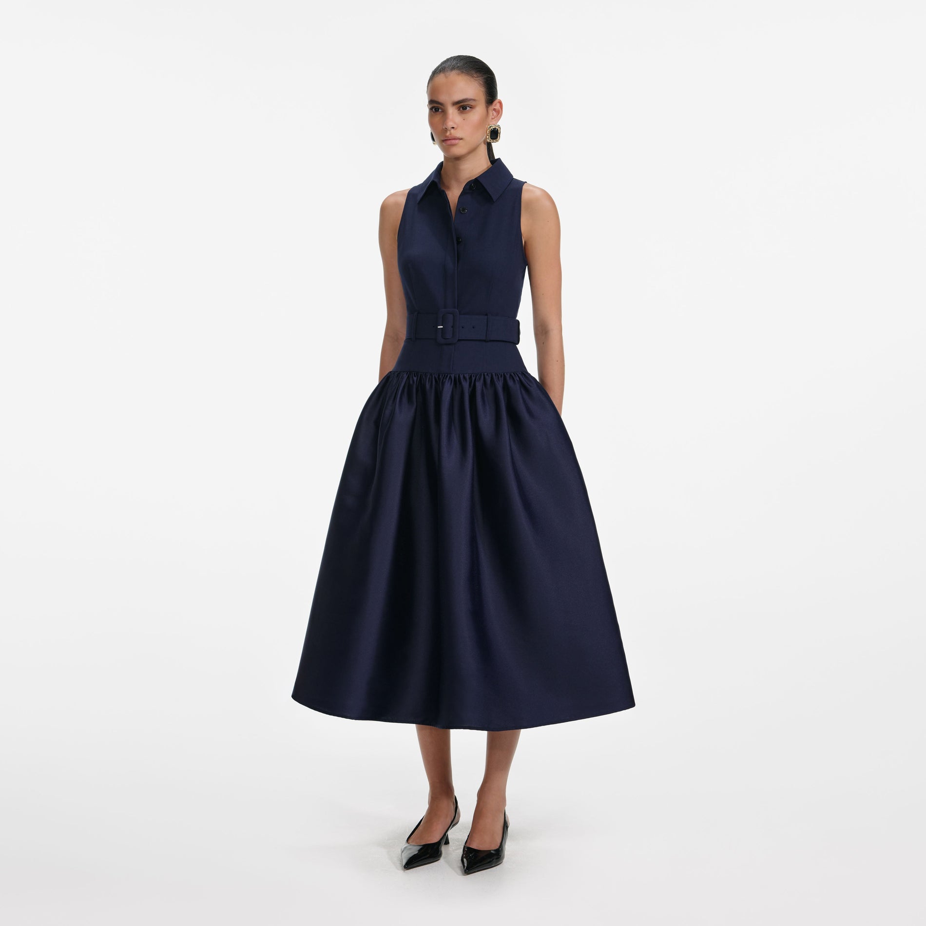 Navy Belted Twill Midi Dress