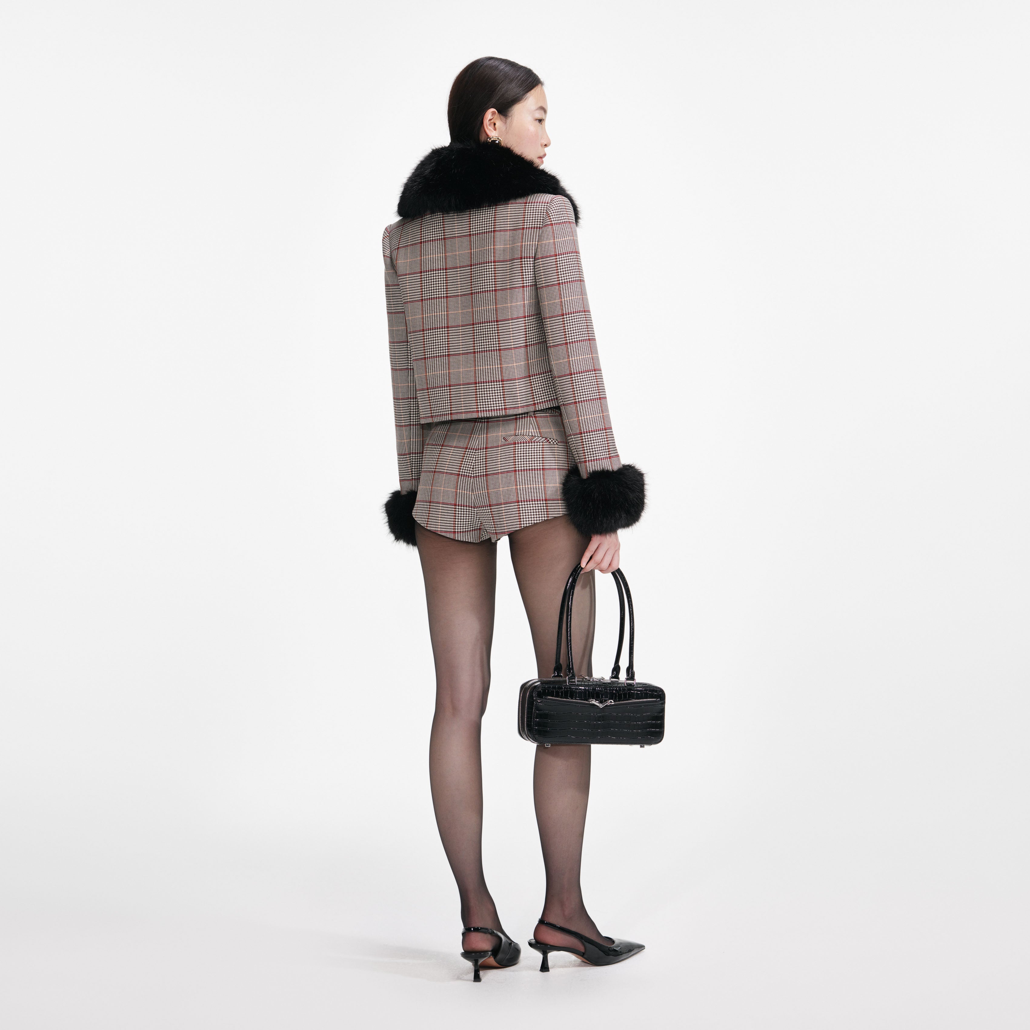 Brown Check Fur Cuff Jacket