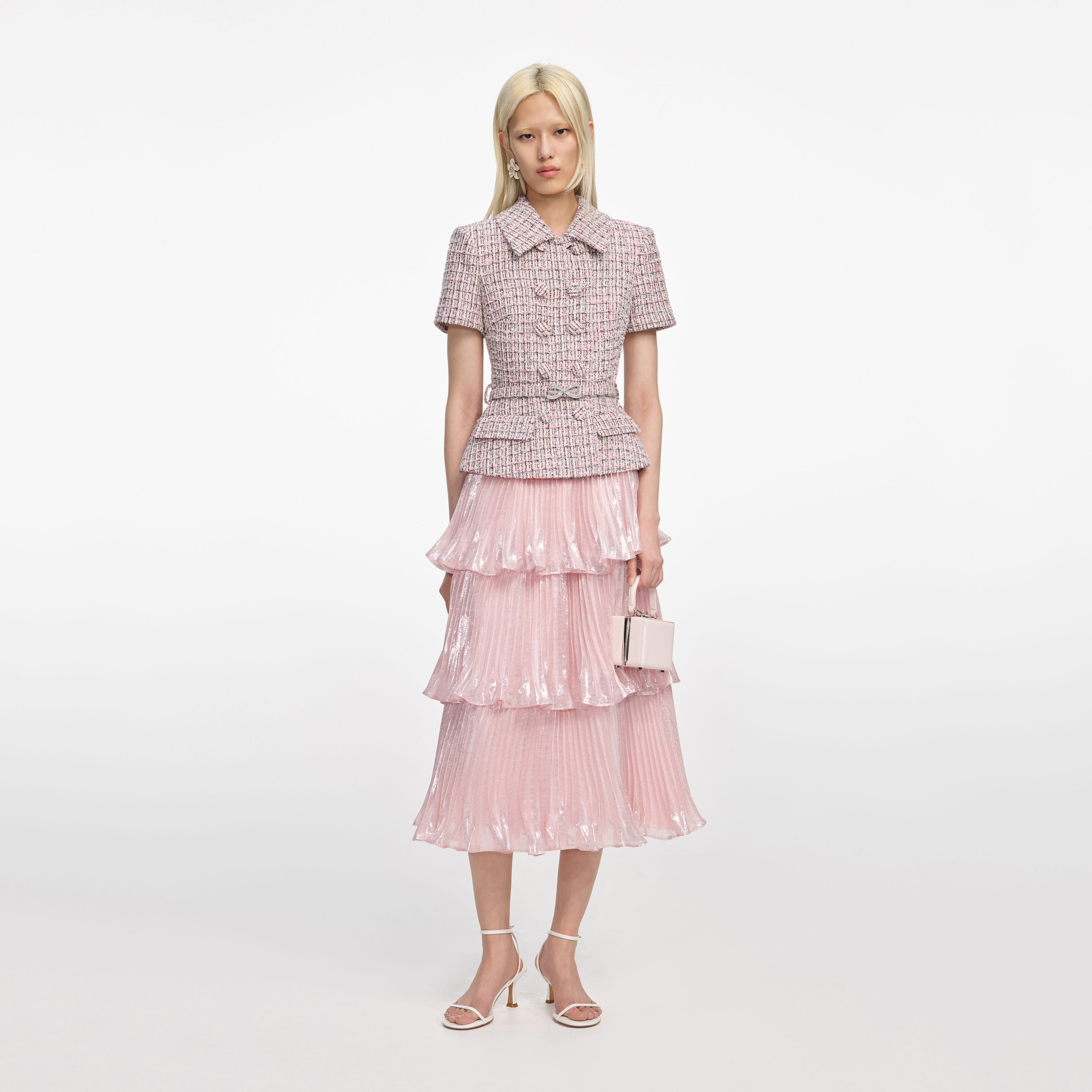 Pink Boucle Metallic Tiered Midi Dress Pink Boucle Metallic Tiered Midi Dress