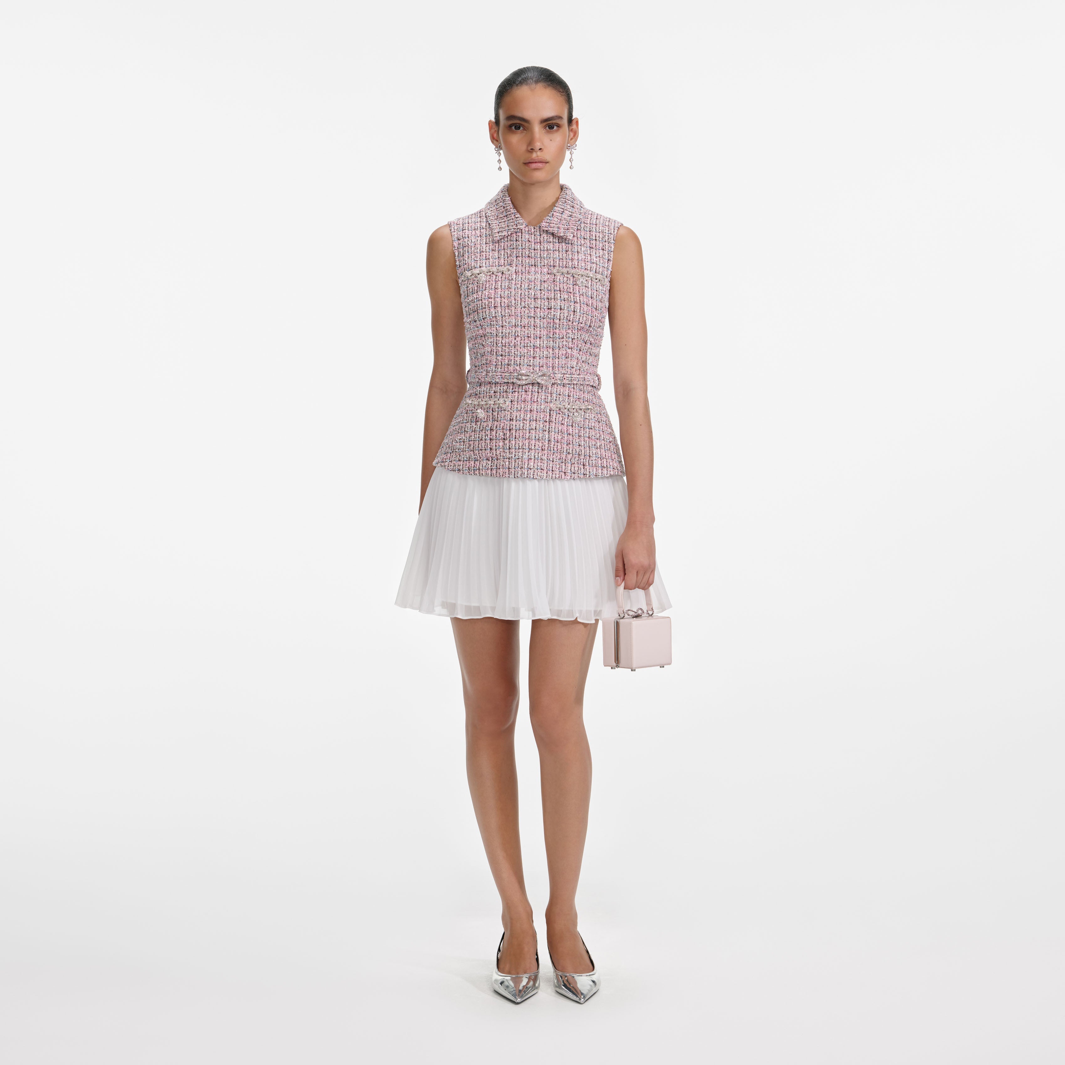 Self-Portrait - Pink Boucle Chiffon Mini Dress - UK 6 Self-Portrait - Pink Boucle Chiffon Mini Dress - UK 6