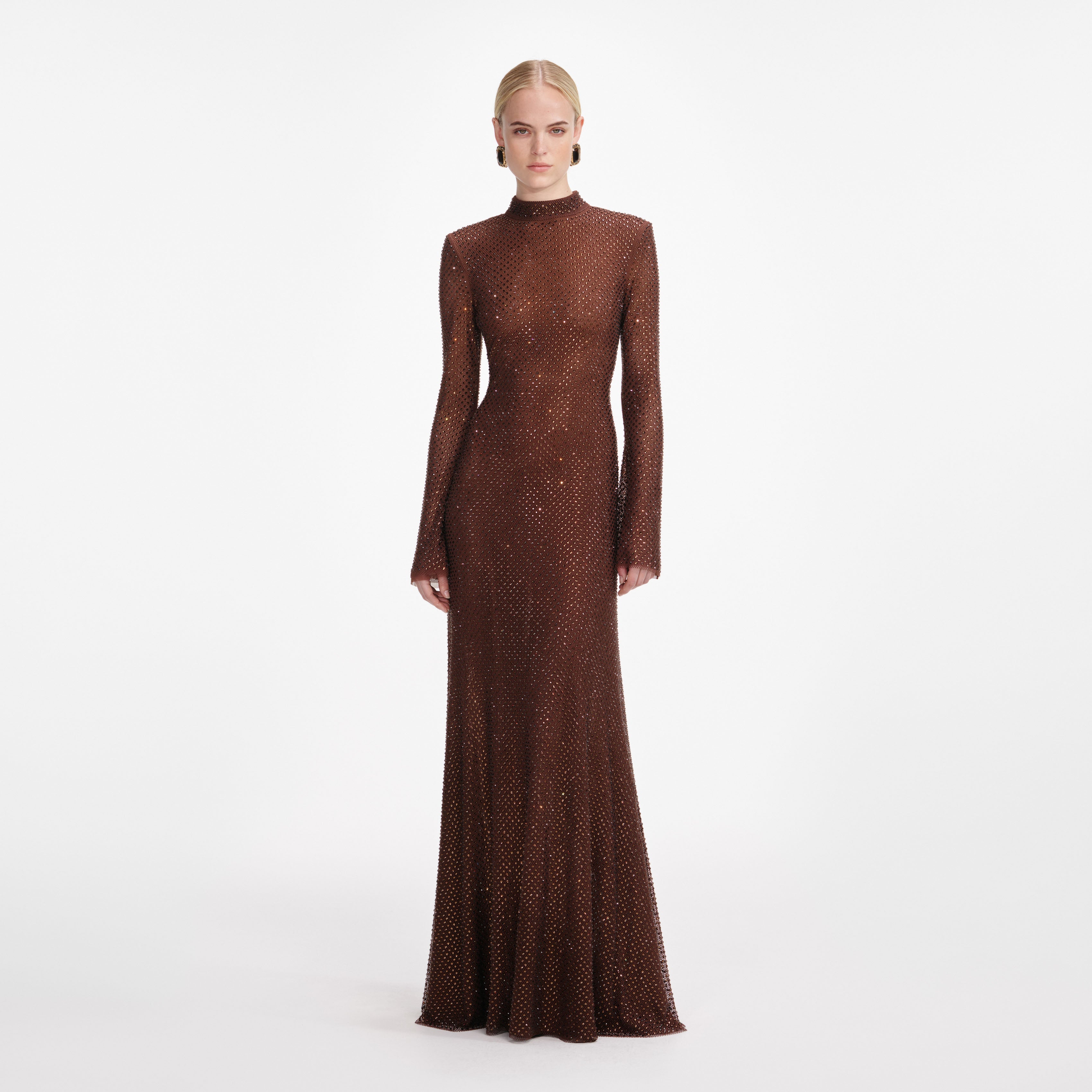 Self-portrait - Brown Rhinestone Mesh Maxi Dress - US 4 Self-portrait - Brown Rhinestone Mesh Maxi Dress - US 4