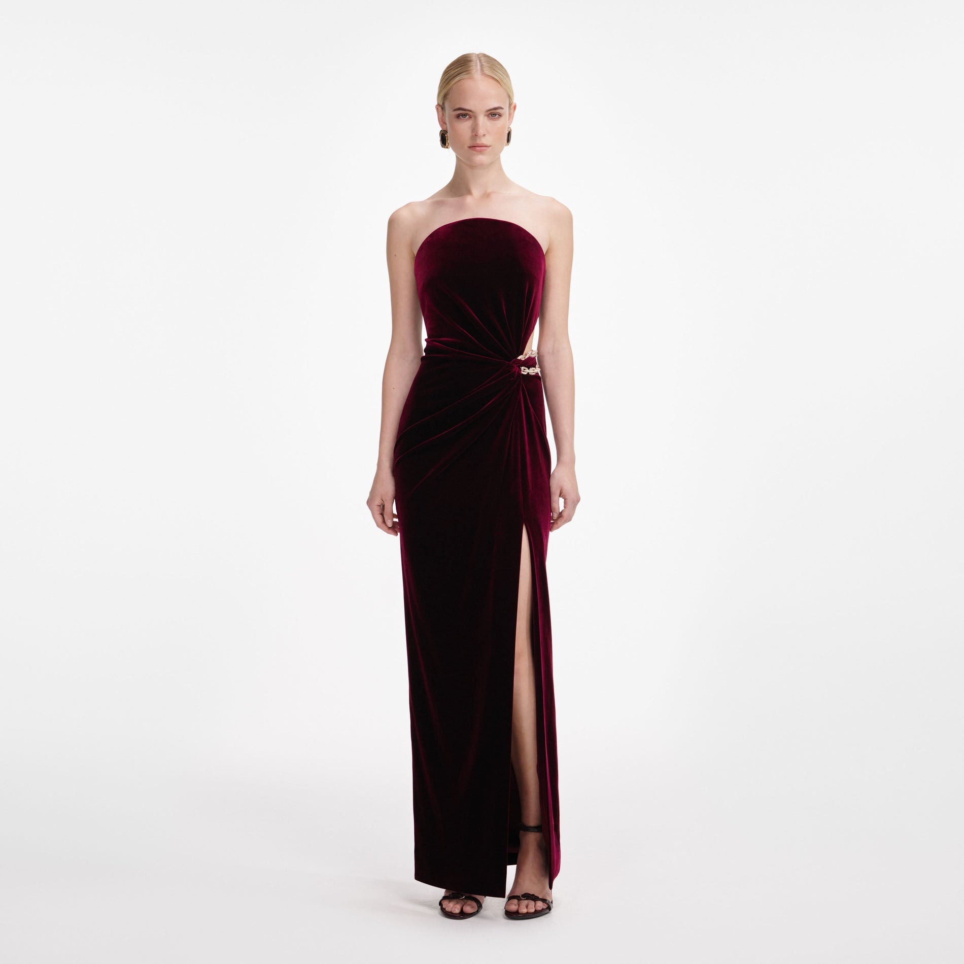 Front view of a woman wearing the Burgundy Velvet Bandeau Maxi Dress