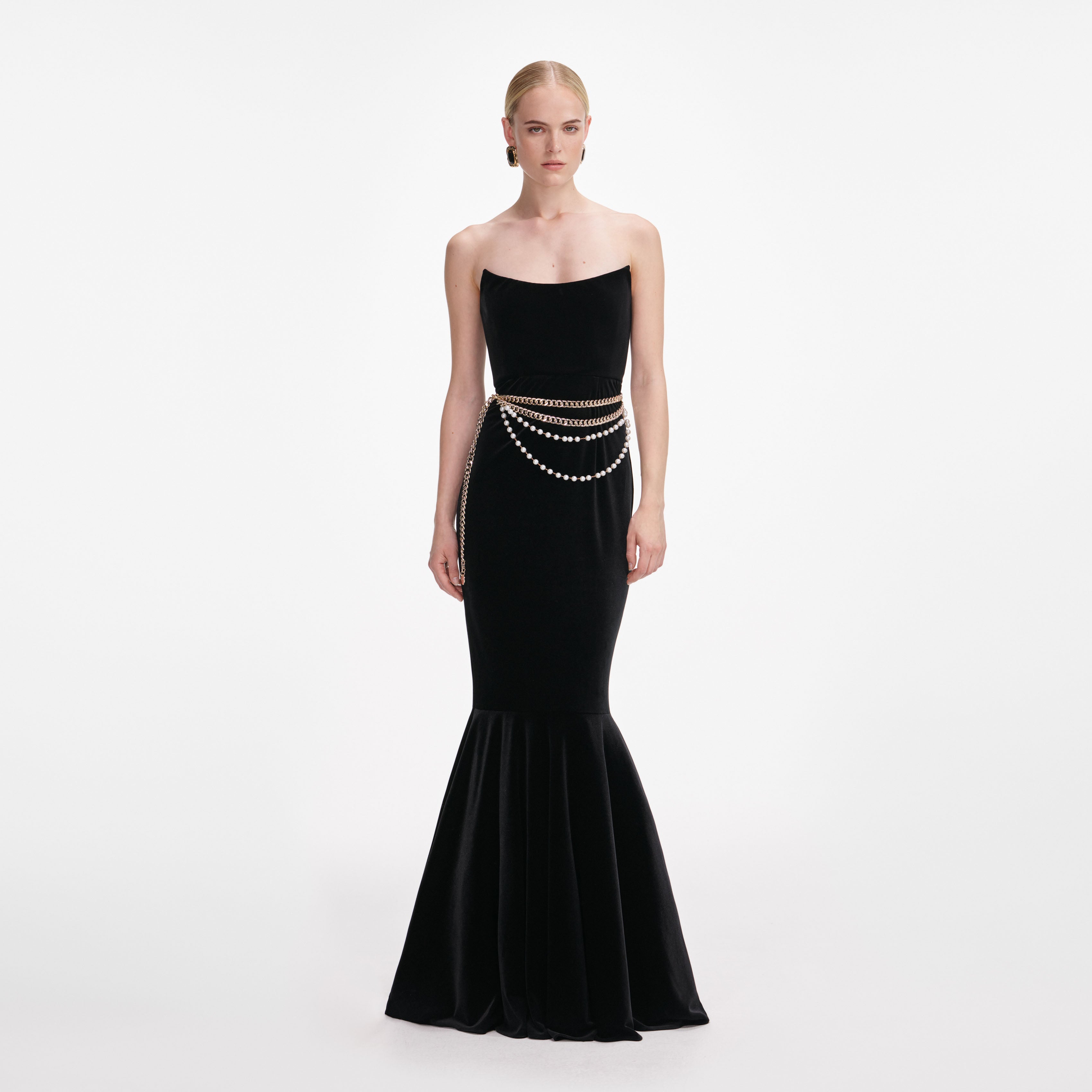 self-portrait - Black Velvet Chain Belt Maxi Dress - US 2 self-portrait - Black Velvet Chain Belt Maxi Dress - US 2