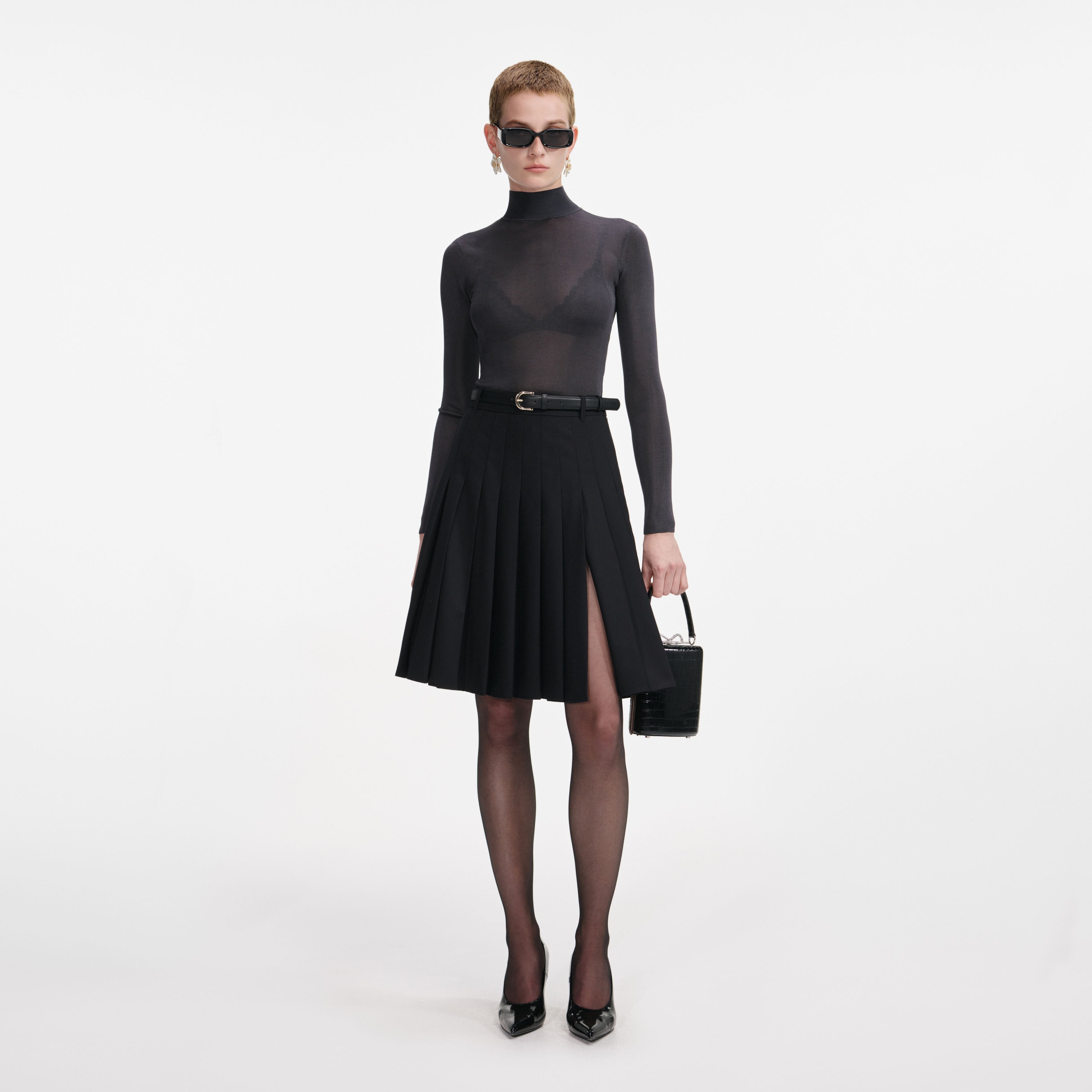 Black Pleated Twill Midi Skirt self-portrait-US Black Pleated Twill Midi Skirt self-portrait-US