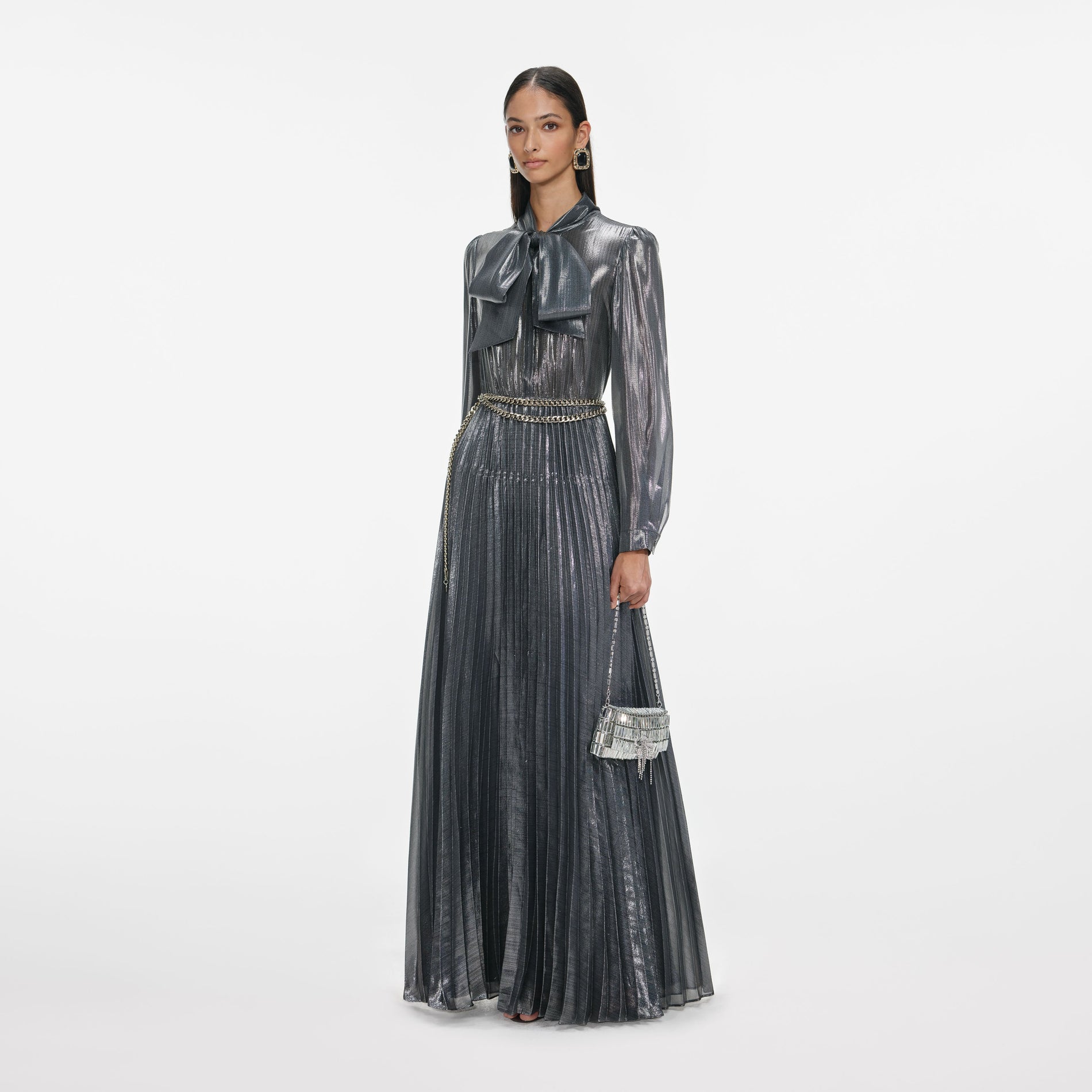 Grey Metallic Tie Neck Maxi Dress