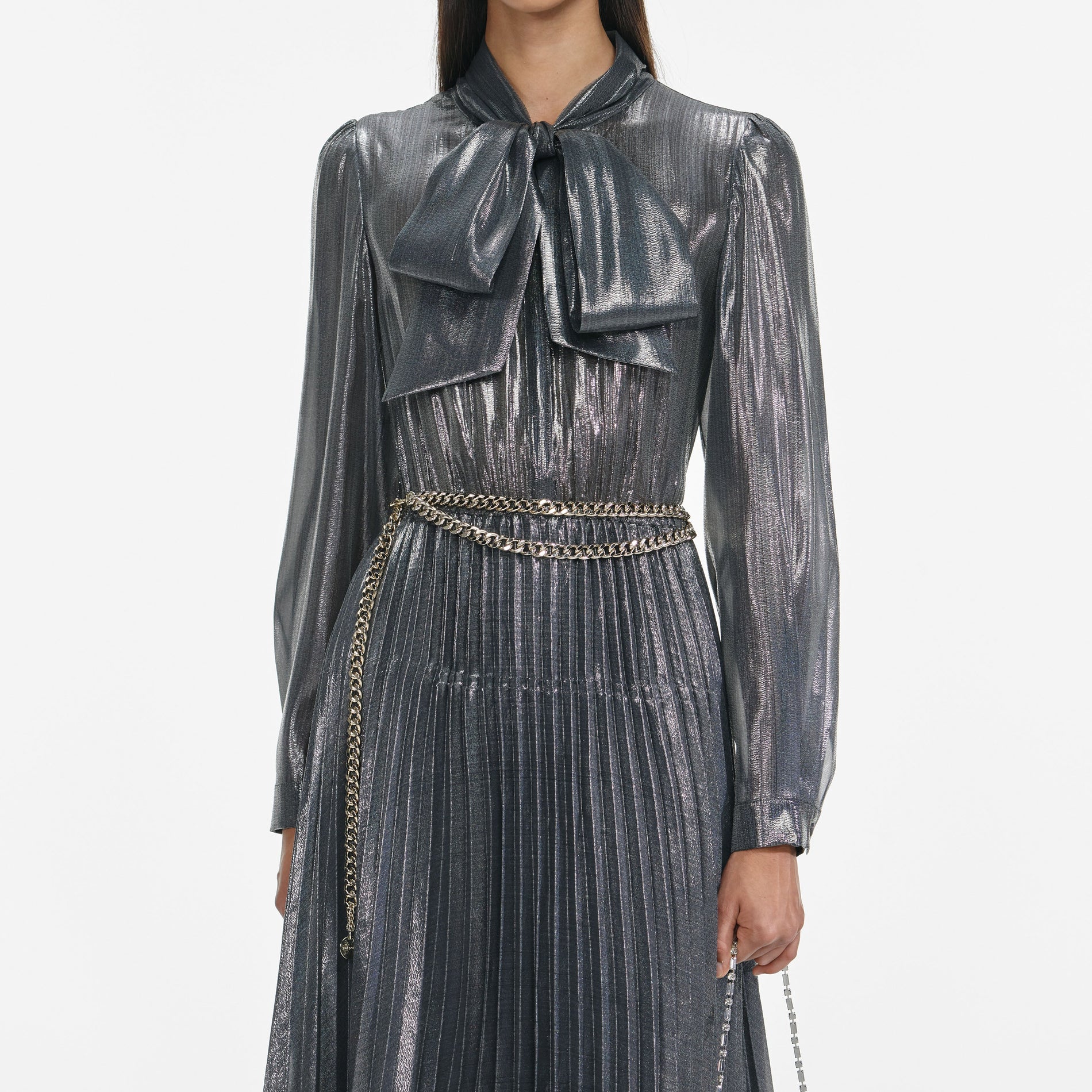 Grey Metallic Tie Neck Maxi Dress