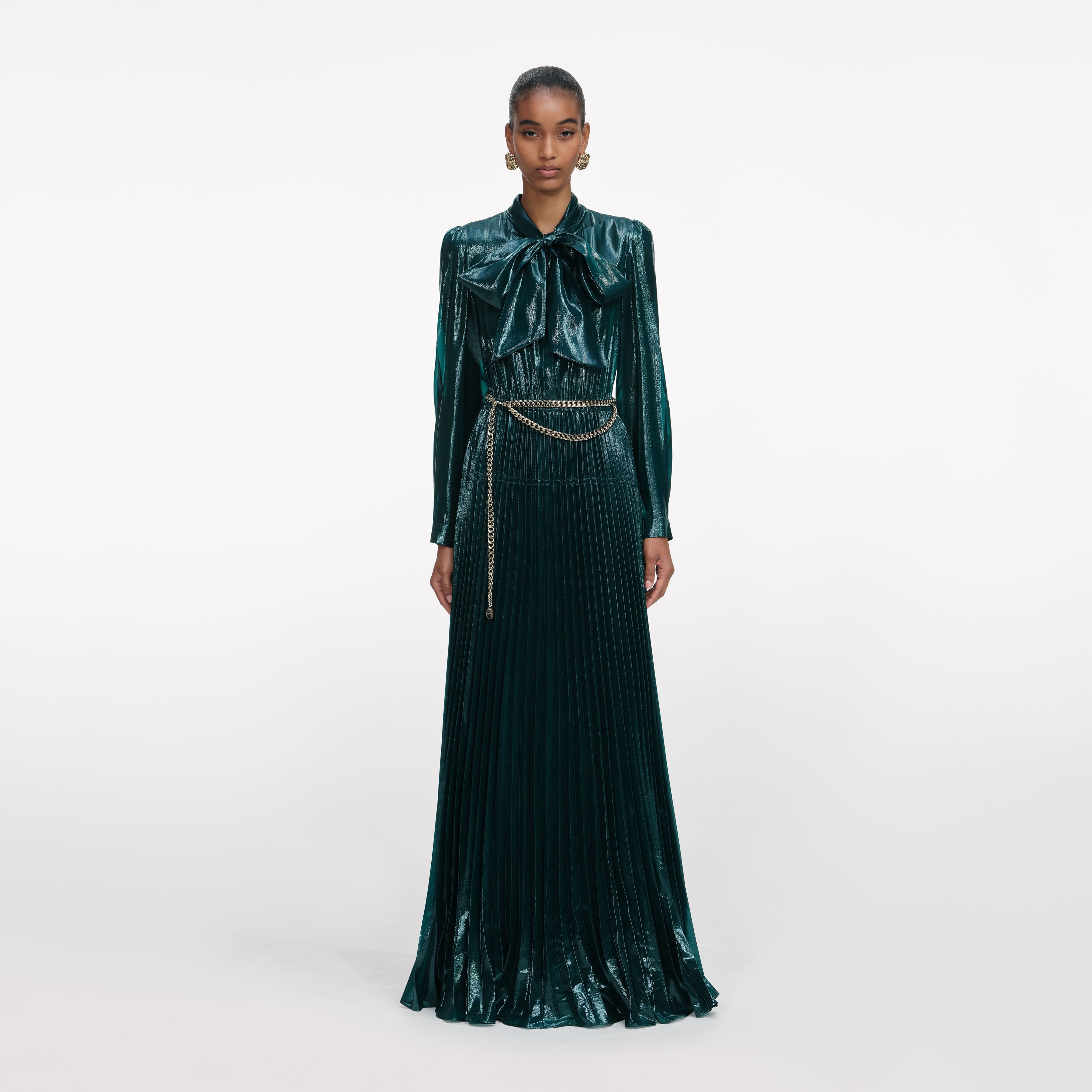 Green Metallic Tie Neck Maxi Dress Green Metallic Tie Neck Maxi Dress