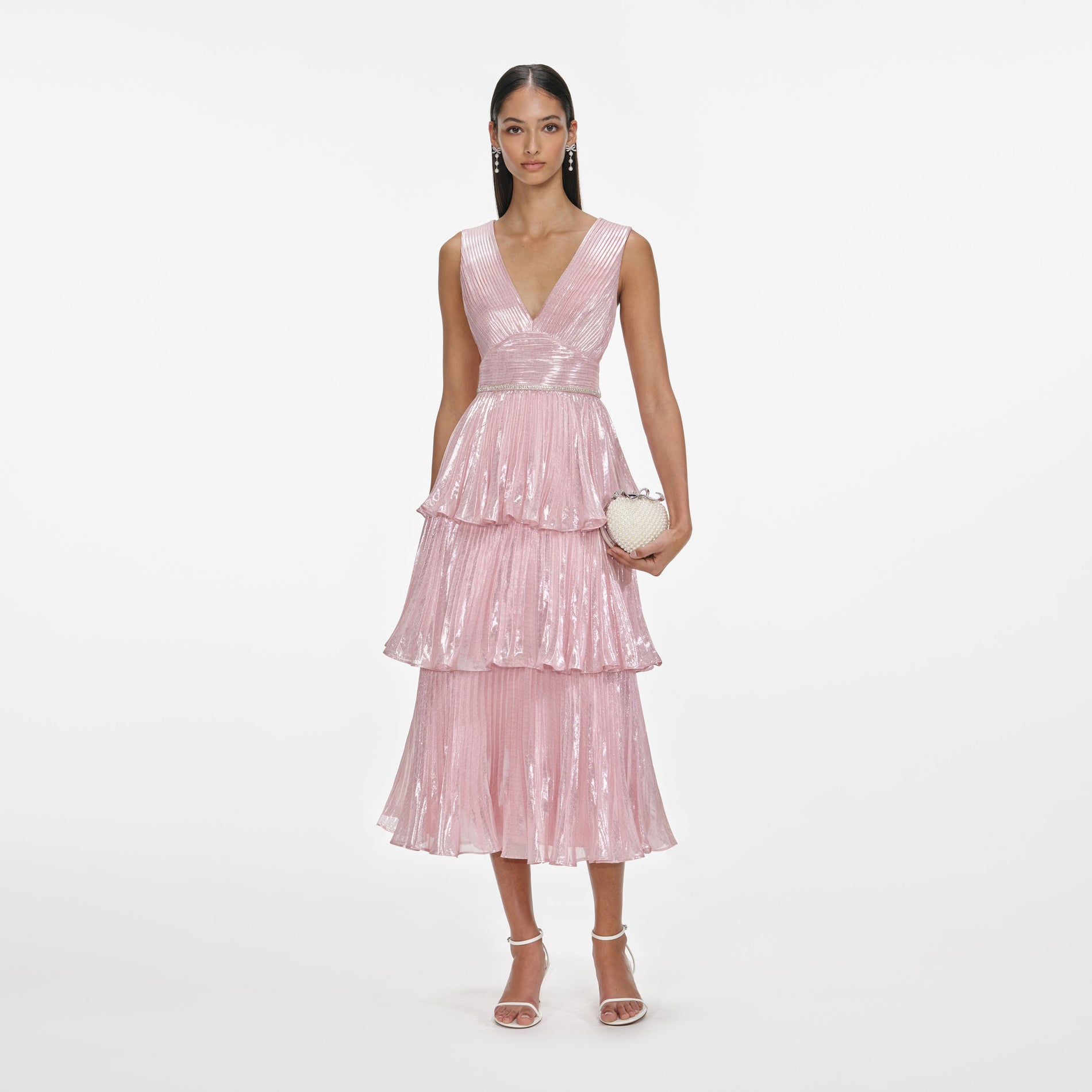 Front view of a woman wearing the Pink Metallic Tiered Midi Dress