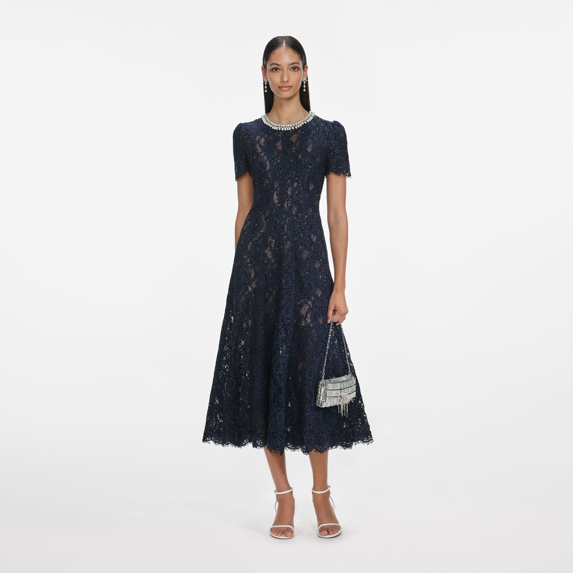 Navy Lace Embellished Midi Dress