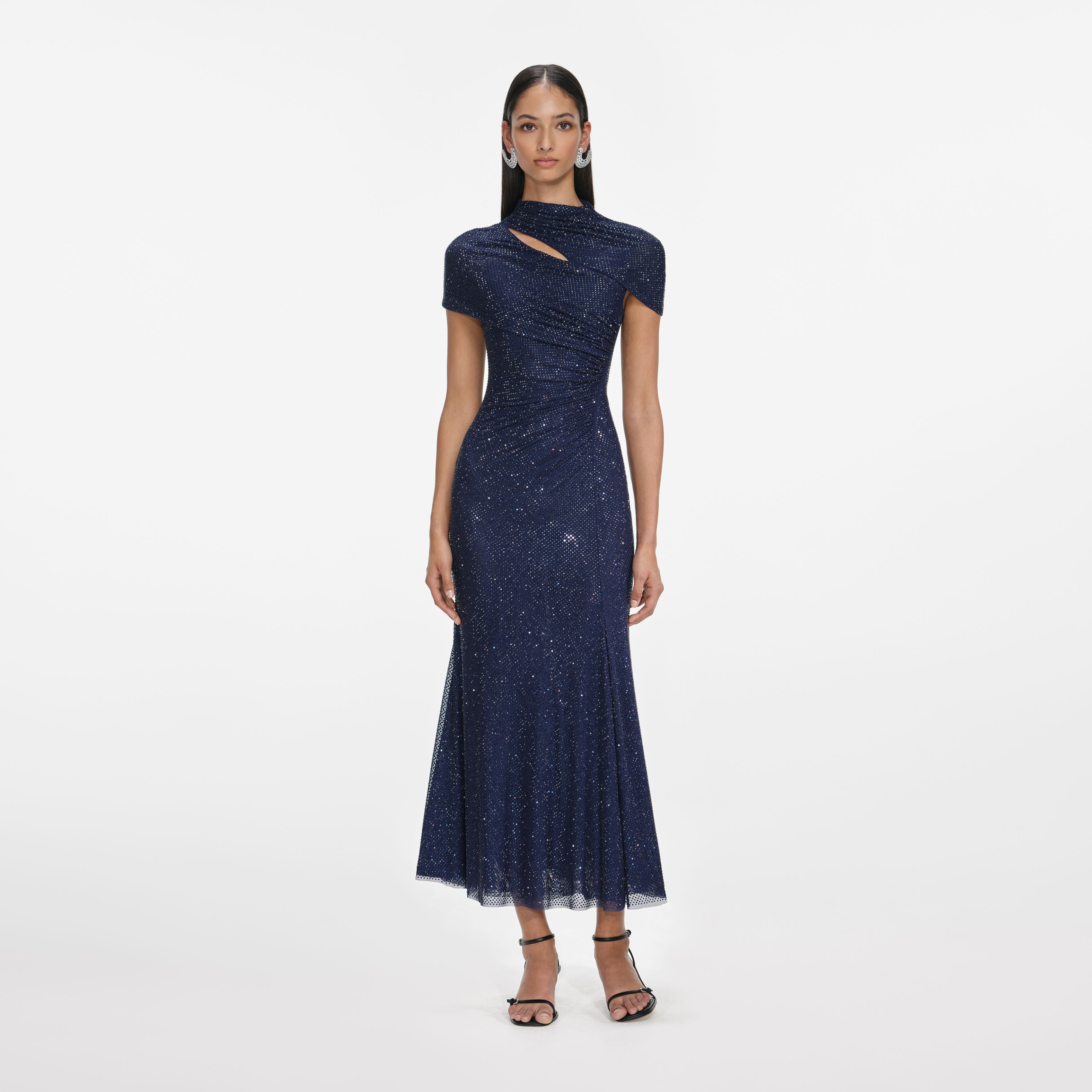 Navy Rhinestone Mesh Cut Out Midi Dress self-portrait-US Navy Rhinestone Mesh Cut Out Midi Dress self-portrait-US