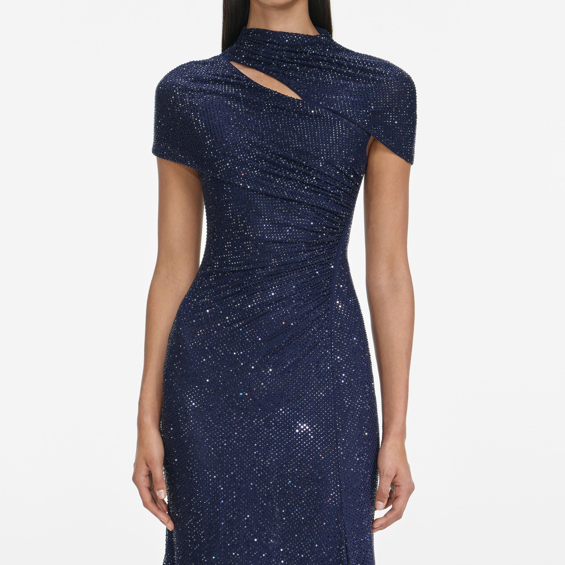 Navy Rhinestone Mesh Cut Out Midi Dress