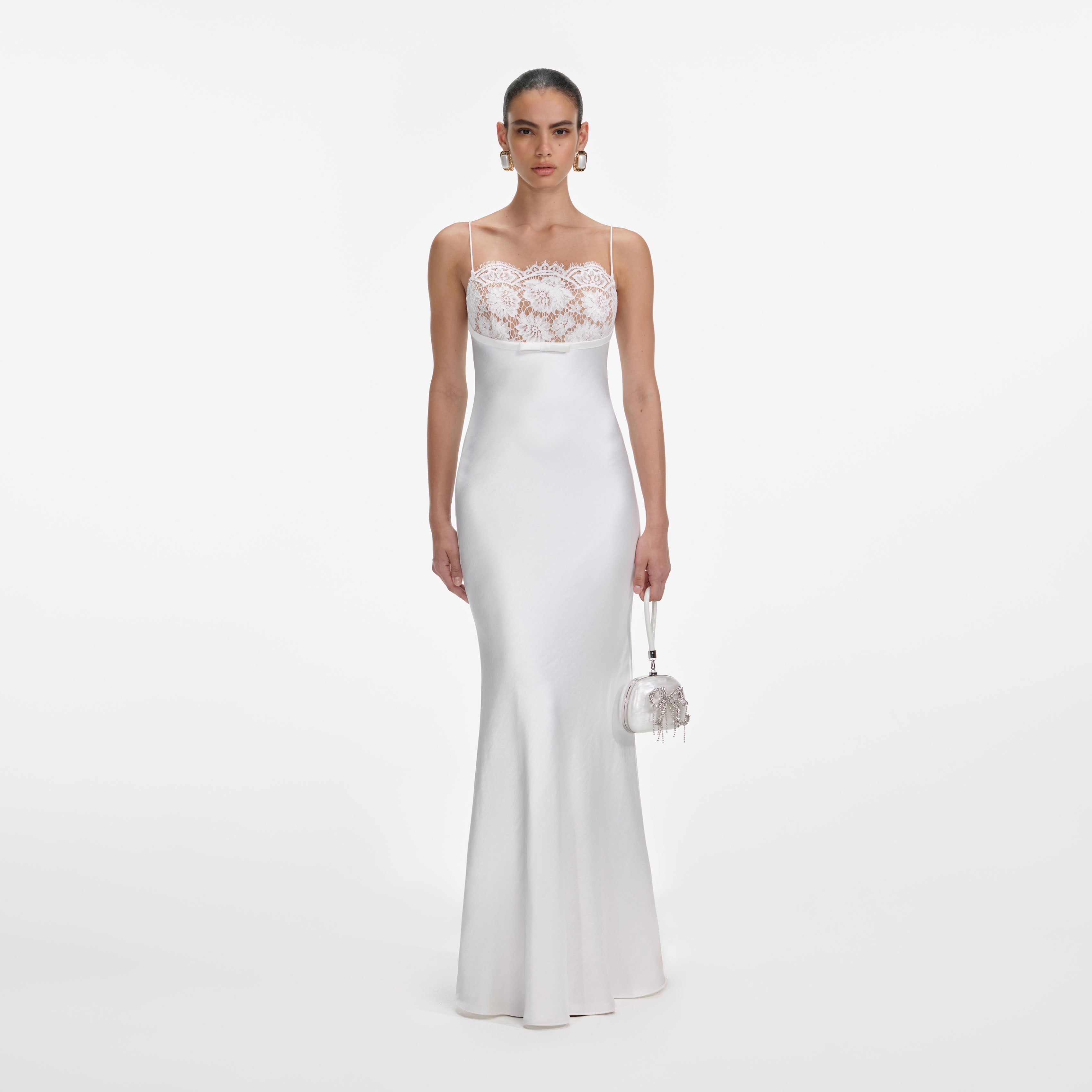 White Satin Lace Maxi Dress self-portrait-US White Satin Lace Maxi Dress self-portrait-US