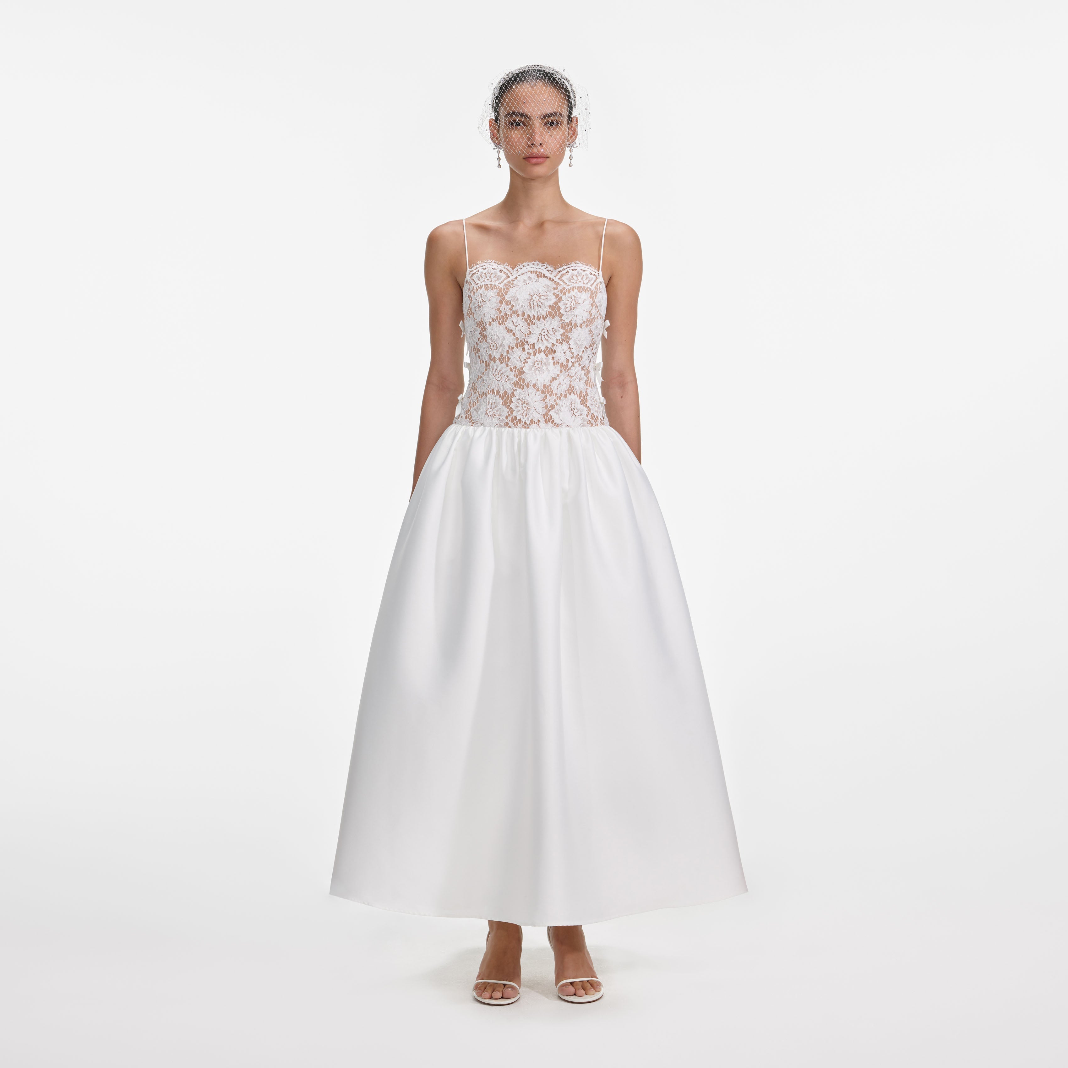 Self-Portrait-Flared Dress In Lace Taffeta Dresses White-Dresses Self-Portrait-Flared Dress In Lace Taffeta Dresses White-Dresses