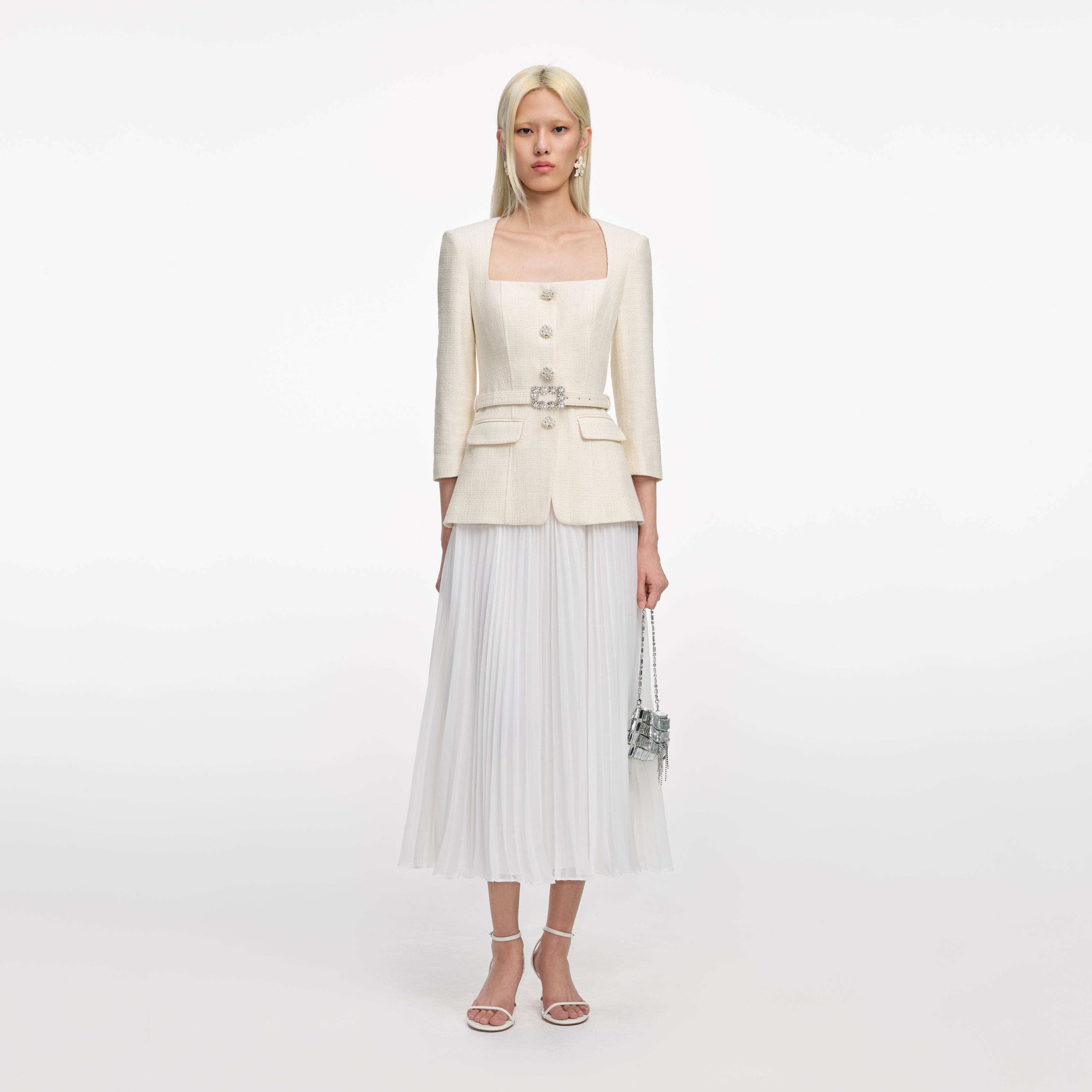 Cream Boucle Long Sleeve Chiffon Midi Dress self-portrait-US Cream Boucle Long Sleeve Chiffon Midi Dress self-portrait-US