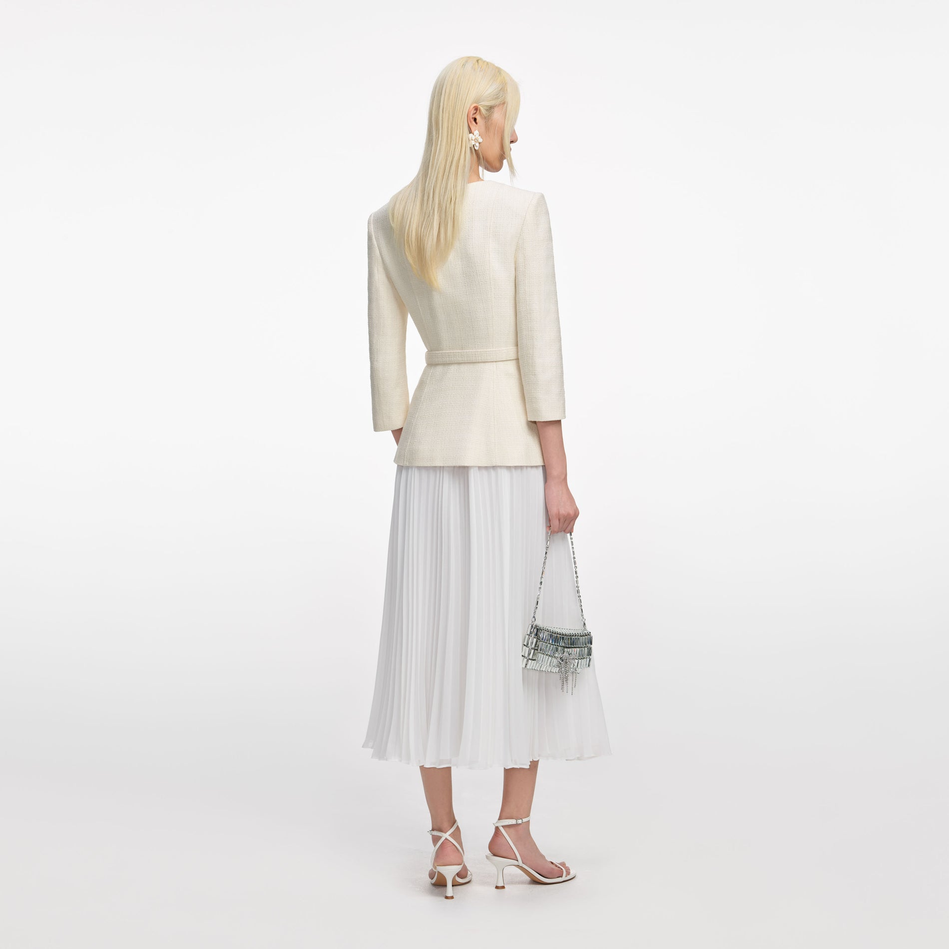 Cream Boucle Long Sleeve Chiffon Midi Dress