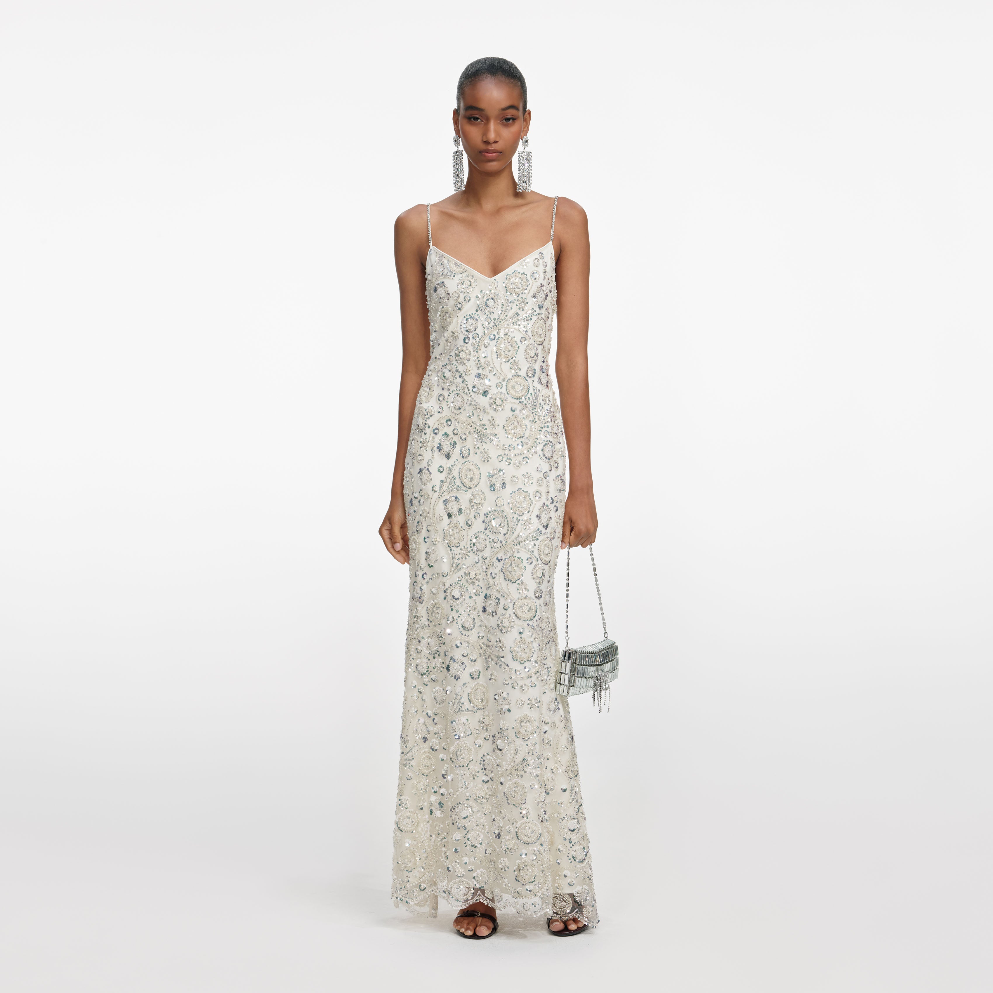 self-portrait - Cream Floral Sequin Maxi Dress - US 4 self-portrait - Cream Floral Sequin Maxi Dress - US 4